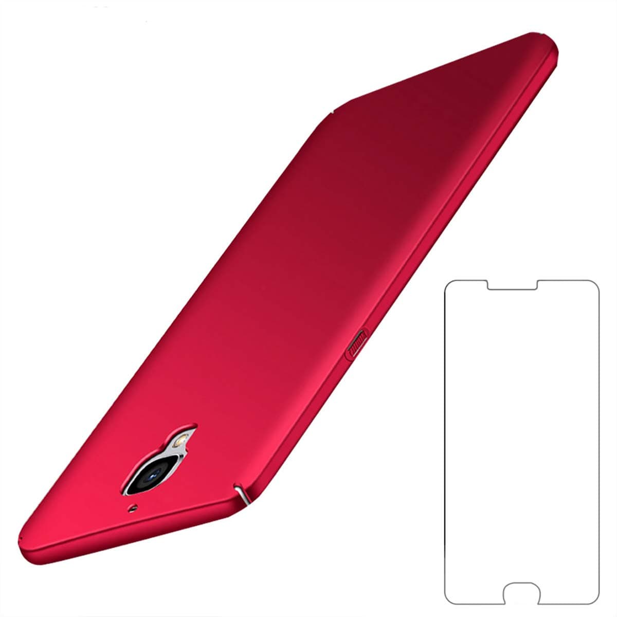 OnePlus 3 / 3T Case with Tempered Glass Screen Protector, Ultral Thin Slim Fit Shell Cover, Matte Coating Bumper Anti Scratch Hard Cover Case for Apple OnePlus 3 / 3T Case - Red