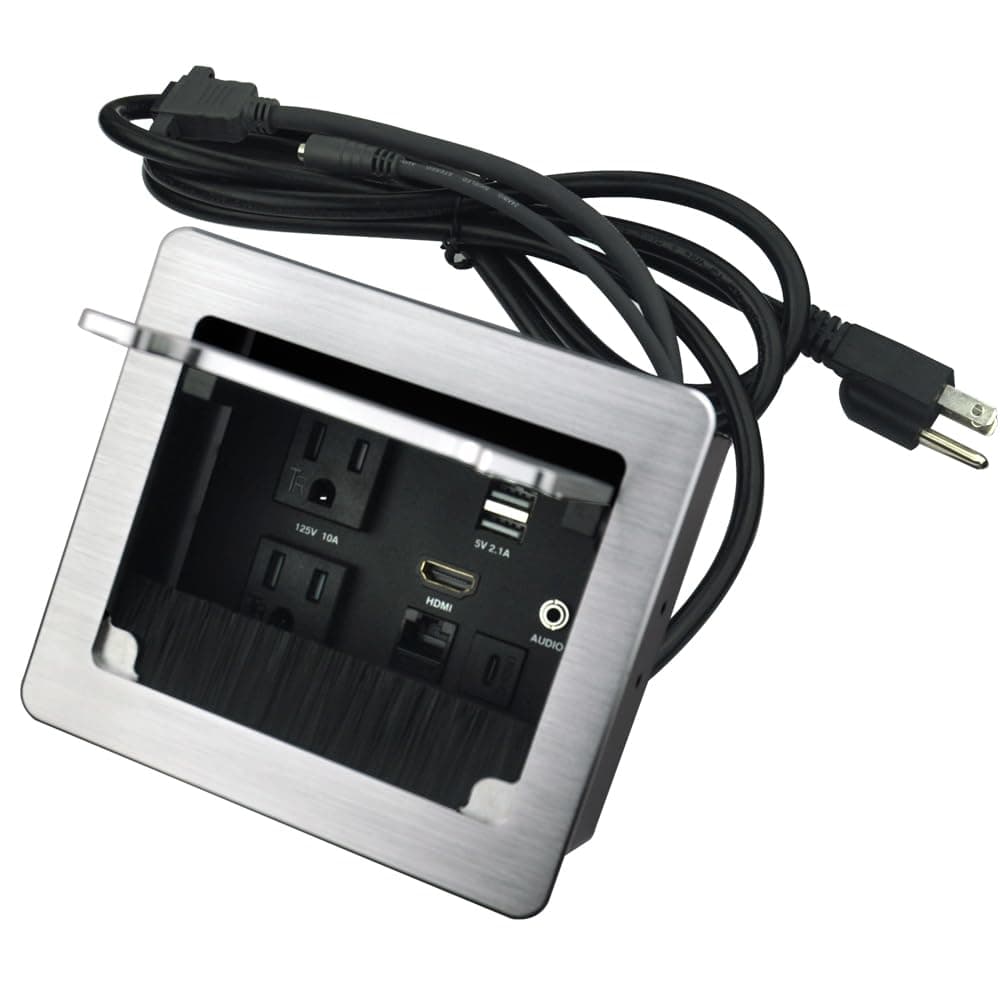 Tabletop Brush Connectivity Box with 2 AC Power + 2 USB charger + HDMI + 1 3.5mm Audio + USB-C data + RJ45(cat6) for Conference (Silver)