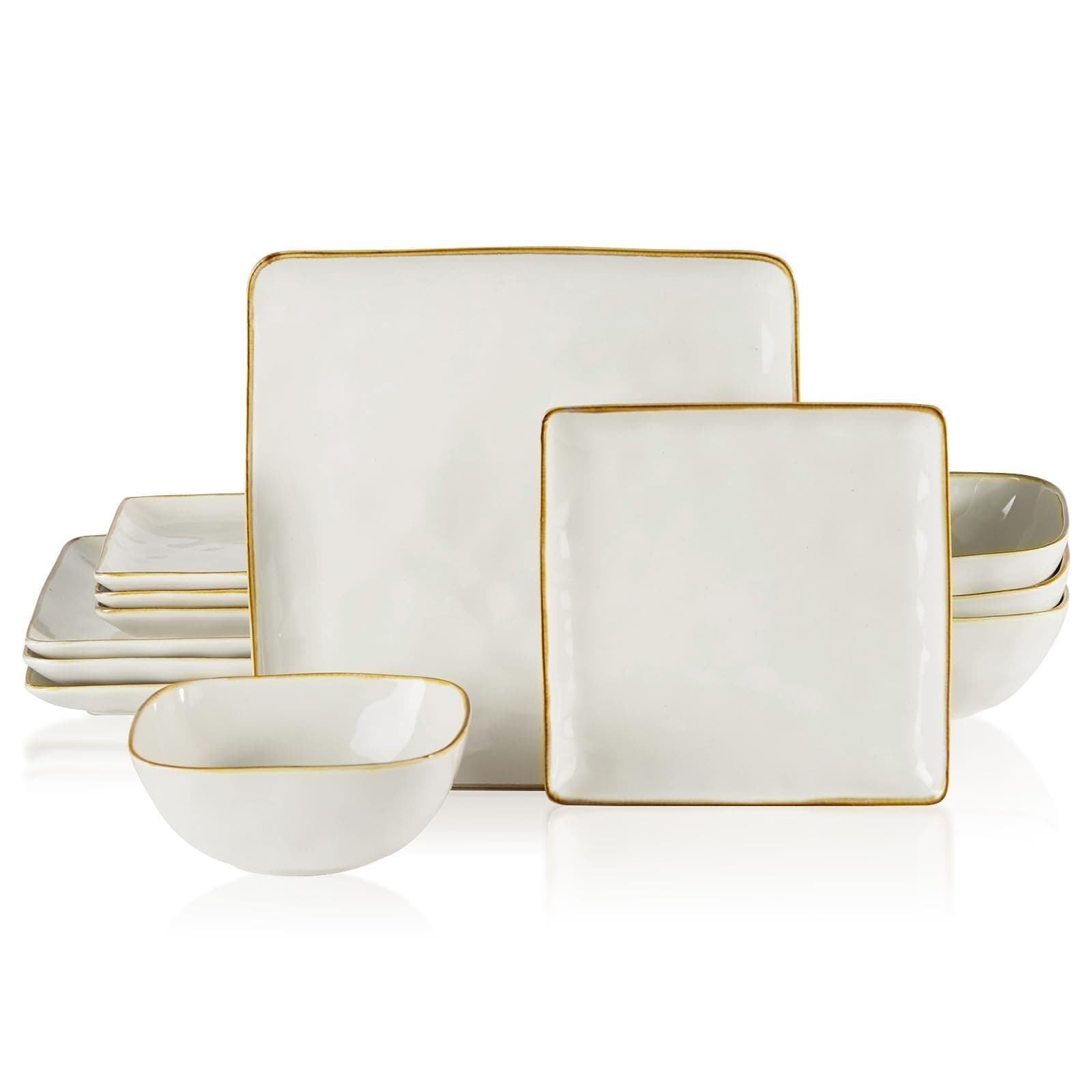 Dinnerware Sets for 4, Ocean Square 12-Piece Kitchen Plates and Bowls Sets, Microwave and Dishwasher Safe, Scratch Resistant, Vanilla White