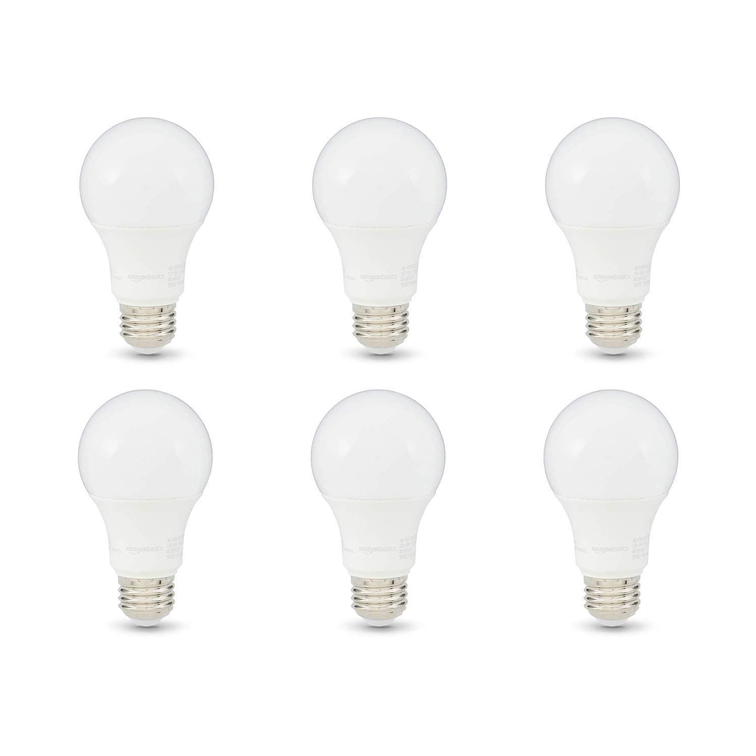 Amazon Basics A19 LED Light Bulbs, 75 Watt Equivalent, Energy Efficient 12W, E26 Standard Base, Soft White 2700K, Dimmable, 10,000 Hour Lifetime , 6-Pack