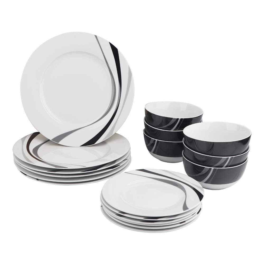 AmazonBasics Tableware Set, Dinner Plates, Bowls, Dessert Plates, Swirl, 6 Each, 18-Piece Set