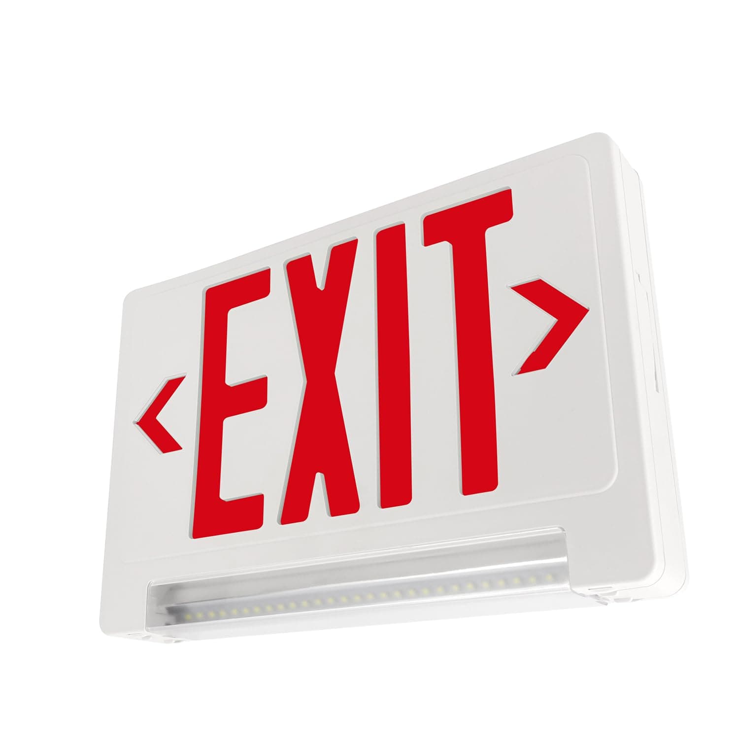 LFI Lights® Compact Green Exit Sign with Emergency Lights - All LED Light Pipe, Adjustable Light Bar, Battery Backup, Hardwired, Wall or Ceiling Mount, UL Listed, Ideal for Business Safety Compliance COMBOLP (1, White Housing / Red Lettering)