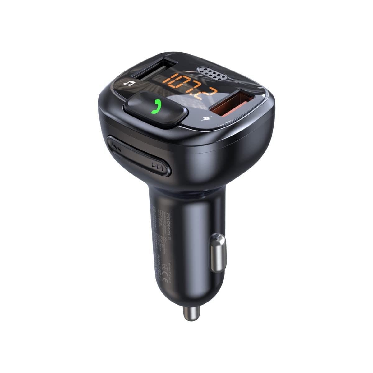 Promate Wireless FM Transmitter, In-Car Bluetooth V5.1 Transmitter Car Kit with 18W Quick Charge 3.0 Port, USB Media Port, Noise Cancelling Mic and LCD for iPhone 16, iPad Air, Galaxy S25, SmarTune-4
