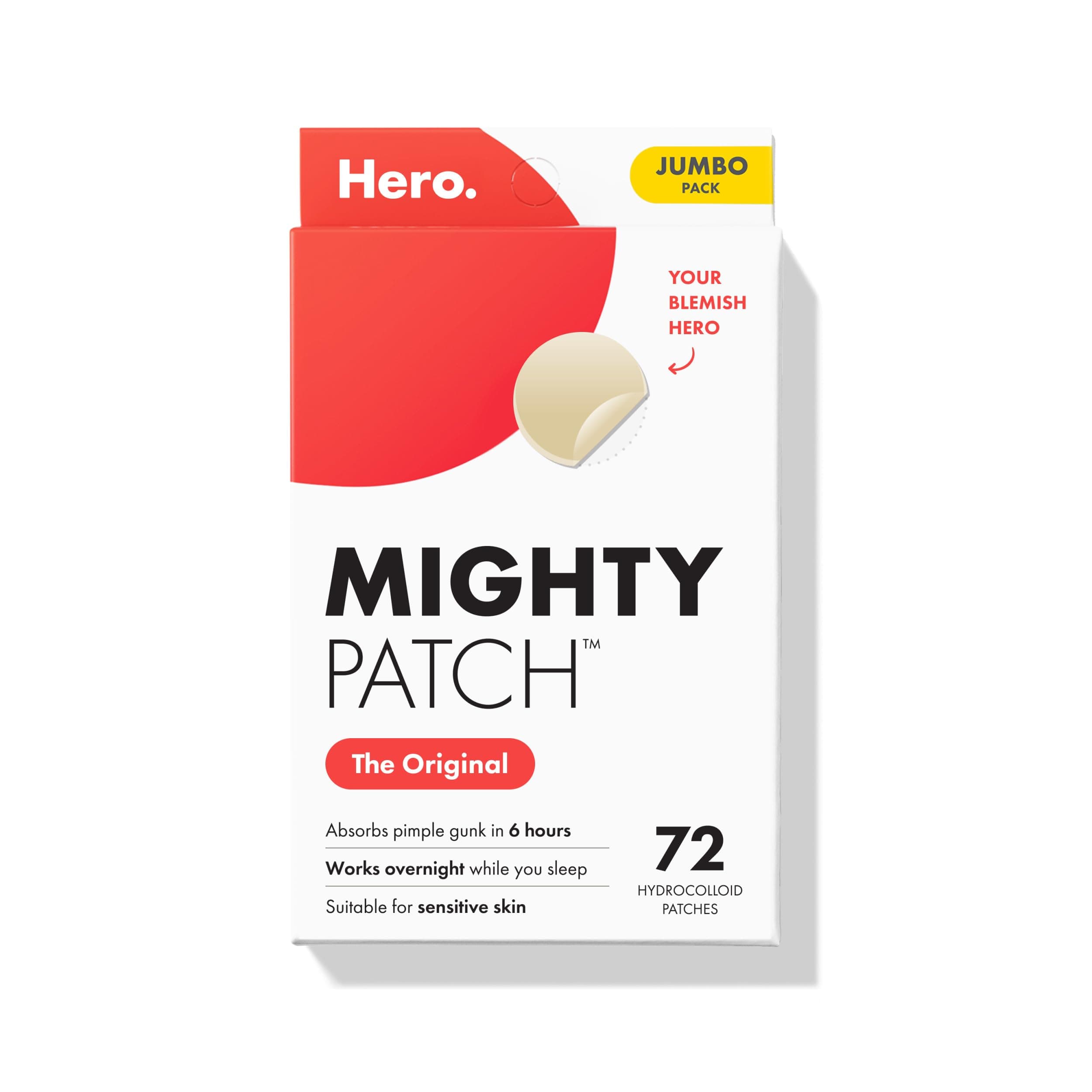 Original patch from Hero Cosmetics – The #1 Hydrocolloid Acne Pimple Patch for Shrinking Zits and Whiteheads in 1 use; Nighttime Spot Stickers for Face and Skin (72 Count)