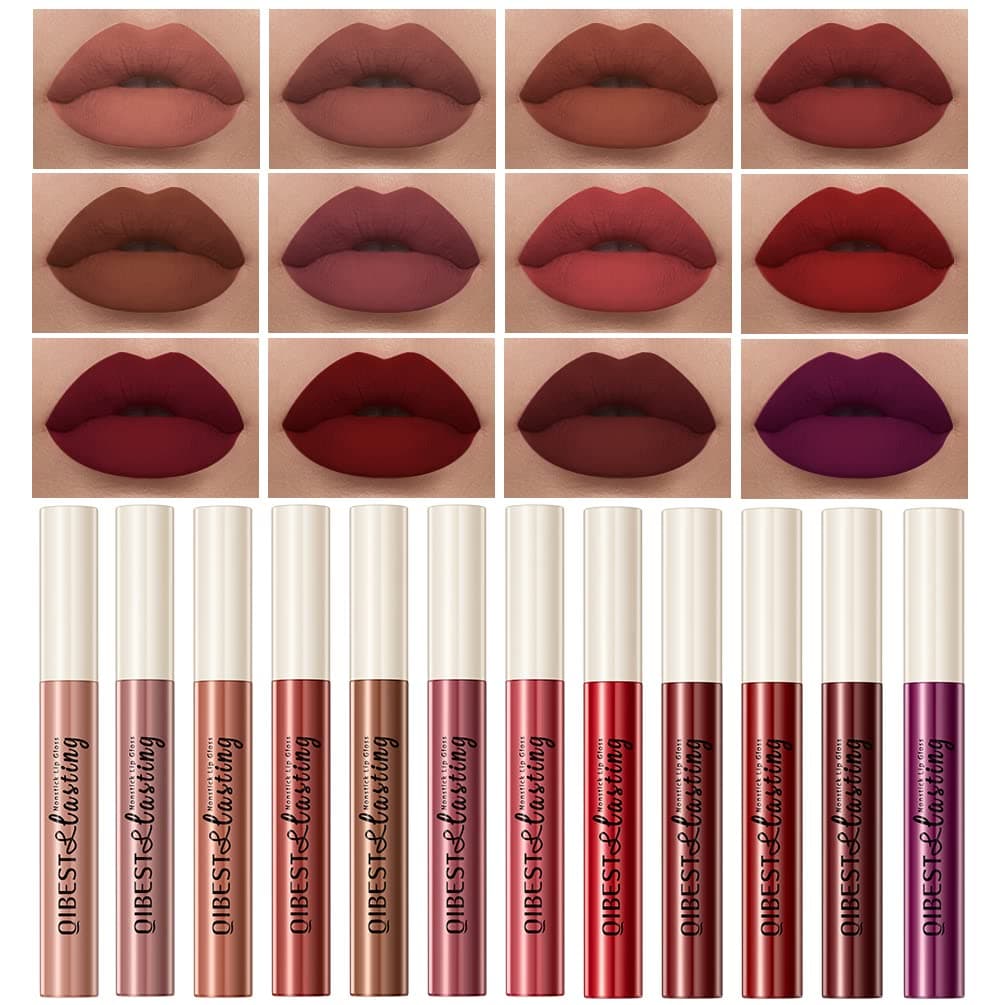 12Pcs Matte Liquid Lipstick Set for Girls & Women, 24 Hours Long Lasting Waterproof Nude & Dark Red Lip Gloss Makeup Gift Kits, Velvet Non-Stick Cup Mate Duracion 24 Horas Originales Lip Stains