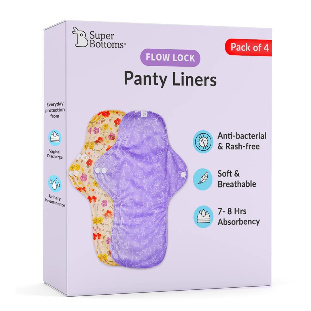 SuperBottoms Flow Lock Panty Liners | Extra Long Reusable Liners, 28cm | 2X Absorption, Lasts 7-8Hrs | Complete Leakproof with secured wings | 100% Cotton, Rash-free | Pack of 4 Liners with Free Pouch