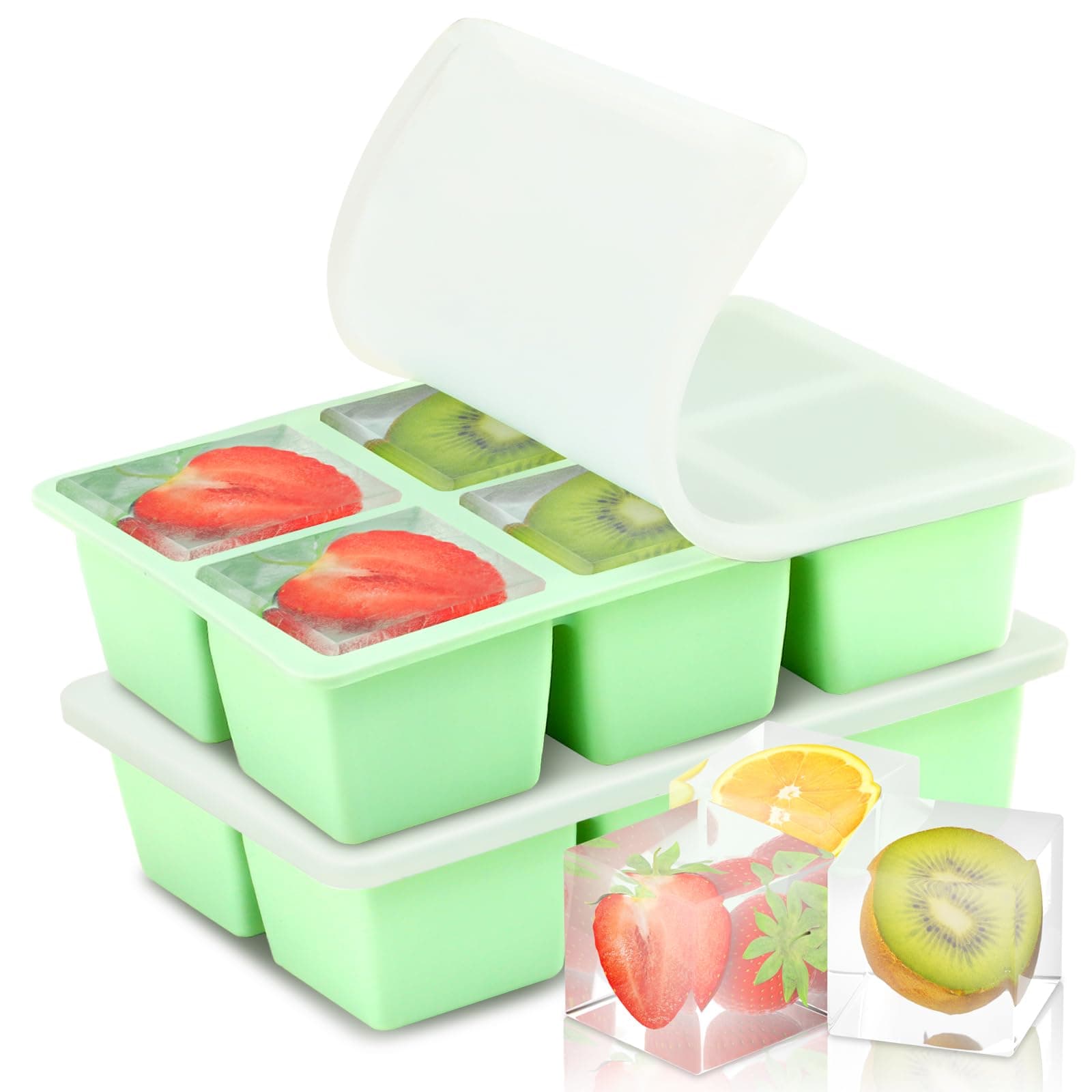 Large Ice Cube Tray for Freezer with Lid, 2Pack Silicone Ice Cube Trays, Big Square Ice Cube Maker for Cocktails, Coffee, Bartender Accessories BPA-Free & Dishwasher (Green)