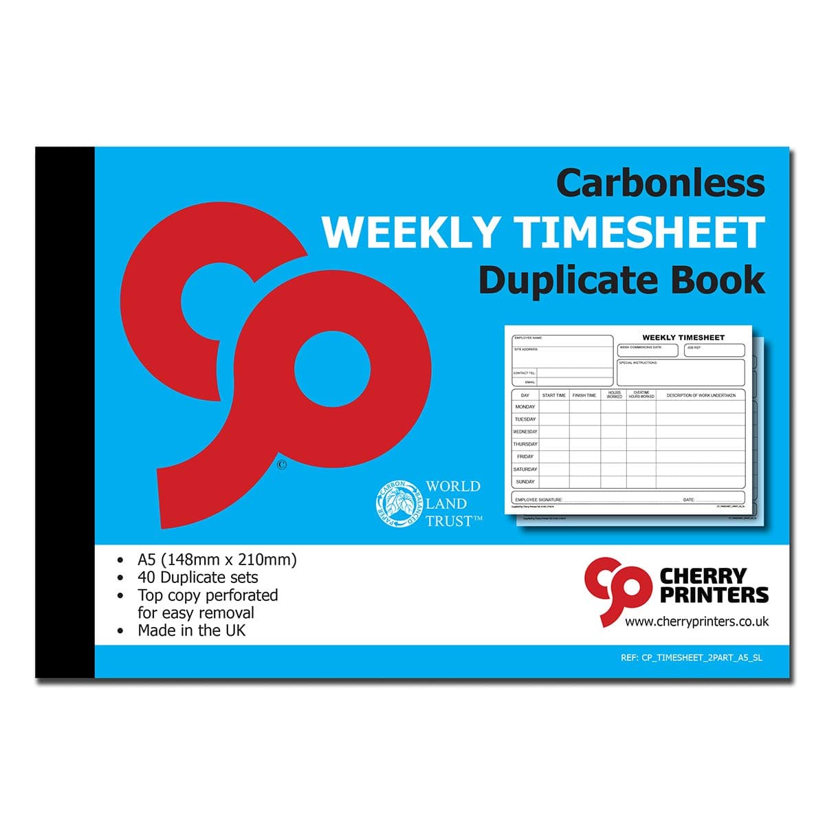 Cherry Weekly Timesheet Duplicate Book A5 S+L | 40 Carbonless Duplicate Sets | Perforated Top Copy for Easy Removal | Record Working Hours Overtime & Tasks | for Businesses Contractors & Freelancers