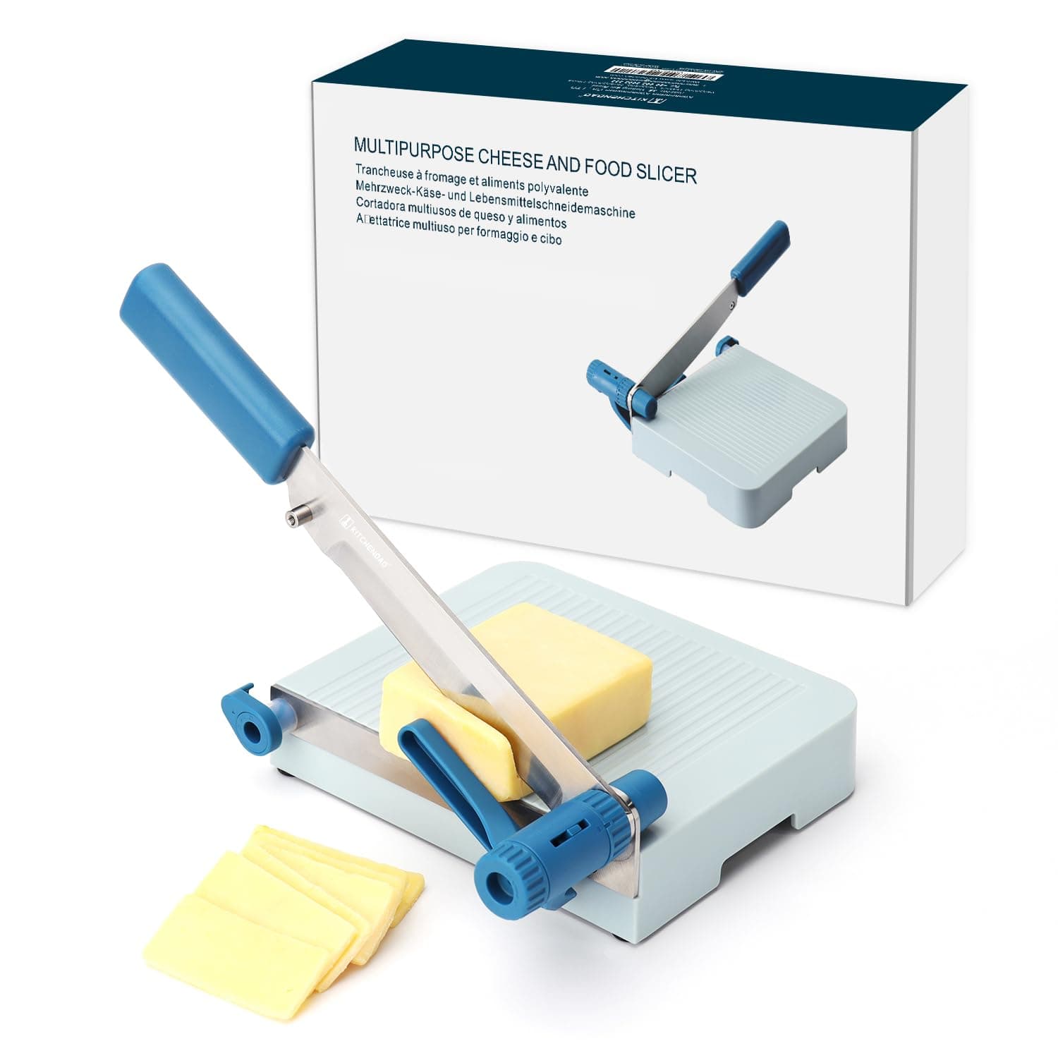 Multipurpose Cheese Slicer Cutter with Board for Arthritic and Weak Hands, Adjustable Thickness Dial for Block Cheese, Effortless Slicing, Guillotine Sausage Ham Biltong Jerky Slicer