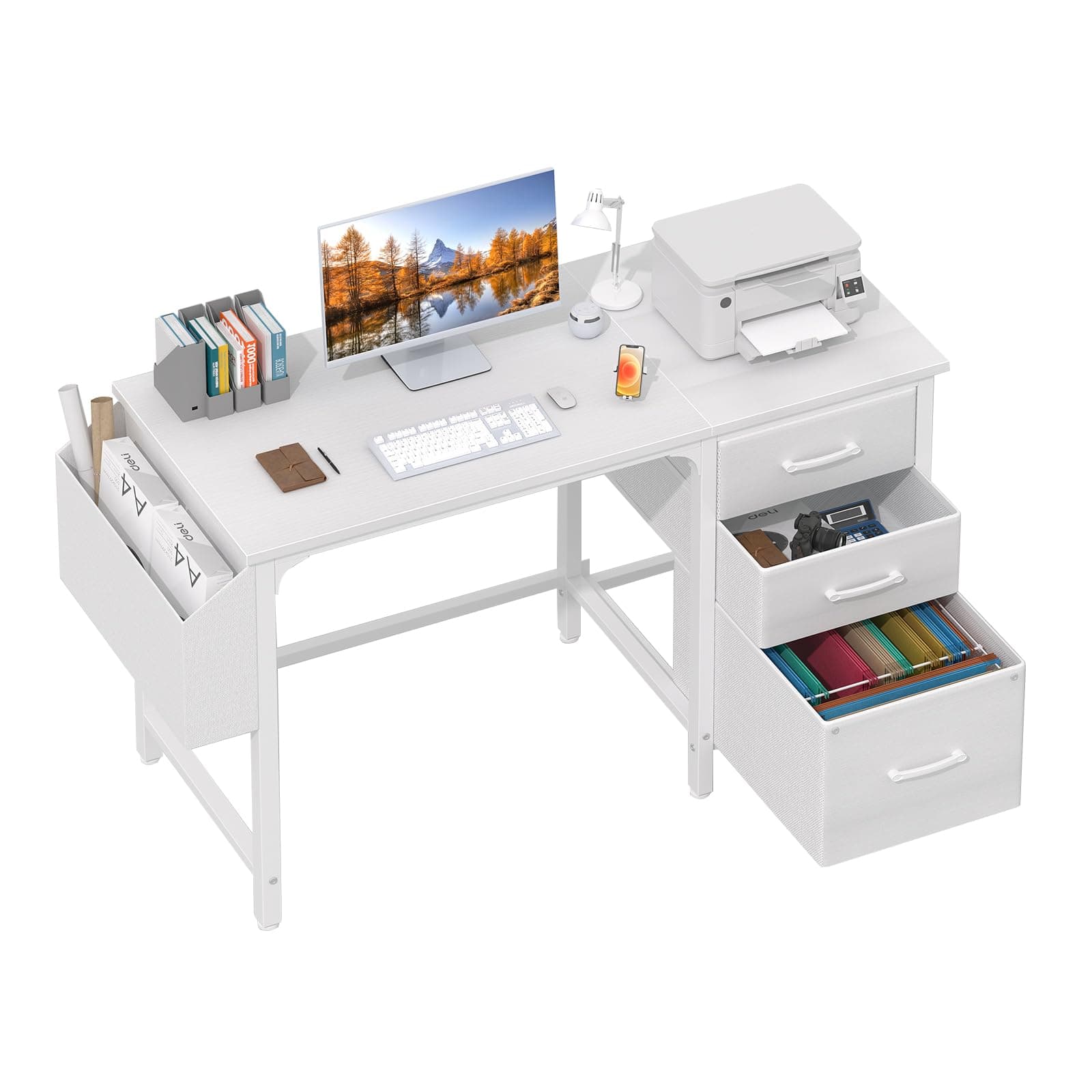 Lufeiya White Computer Desk Office Desk with drawers Small Computer Desk 120cm with Storage Bag for Home Office Bedroom