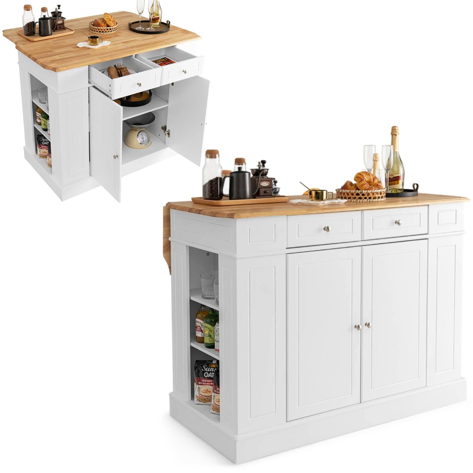 COSTWAY Drop-Leaf Kitchen Island, Storage Sideboard Cabinet with Extendable Rubber Wood Top, Drawers, Adjustable Side Racks & Shelves, Home Dining Room Cupboard Organiser, 120x90x92cm (White)