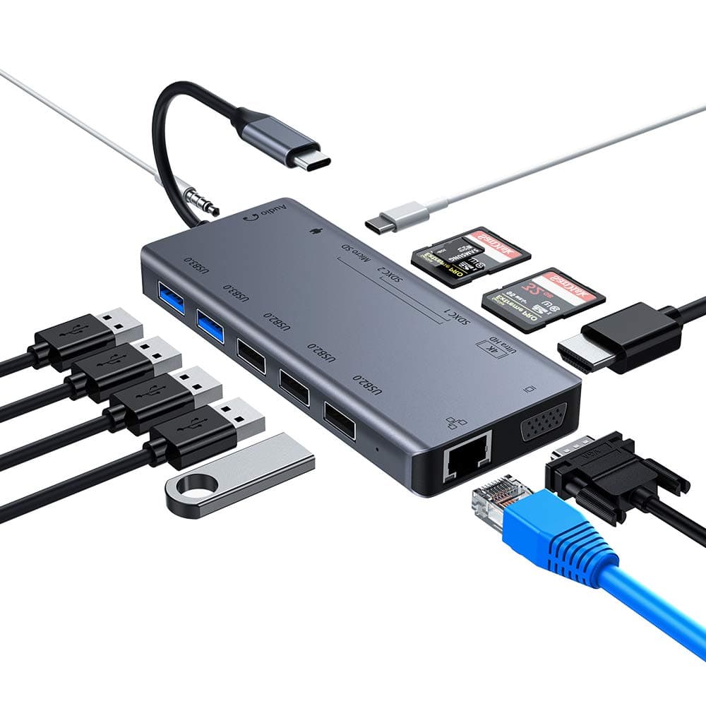 USB C Hub Multiport Adapter, 13-in-1 MacBook Pro USB Type C Adapter Hub with Ethernet, VGA, 4K HDMI, 3 USB 2.0, 2 USB 3.0, 3-Slot Card Reader, 3.5mm Audio and Power Delivery(Gray)