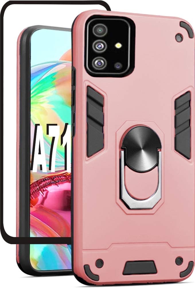 Samsung Galaxy A71 Case with Screen Protector, HNHYGETE Hard Back Cover,Rubber Bumper Hybrid,with 360 Rotation Ring Holder Kickstand Case for Samsung Galaxy A71 4G (2020) 6.7" (Rose Glod)