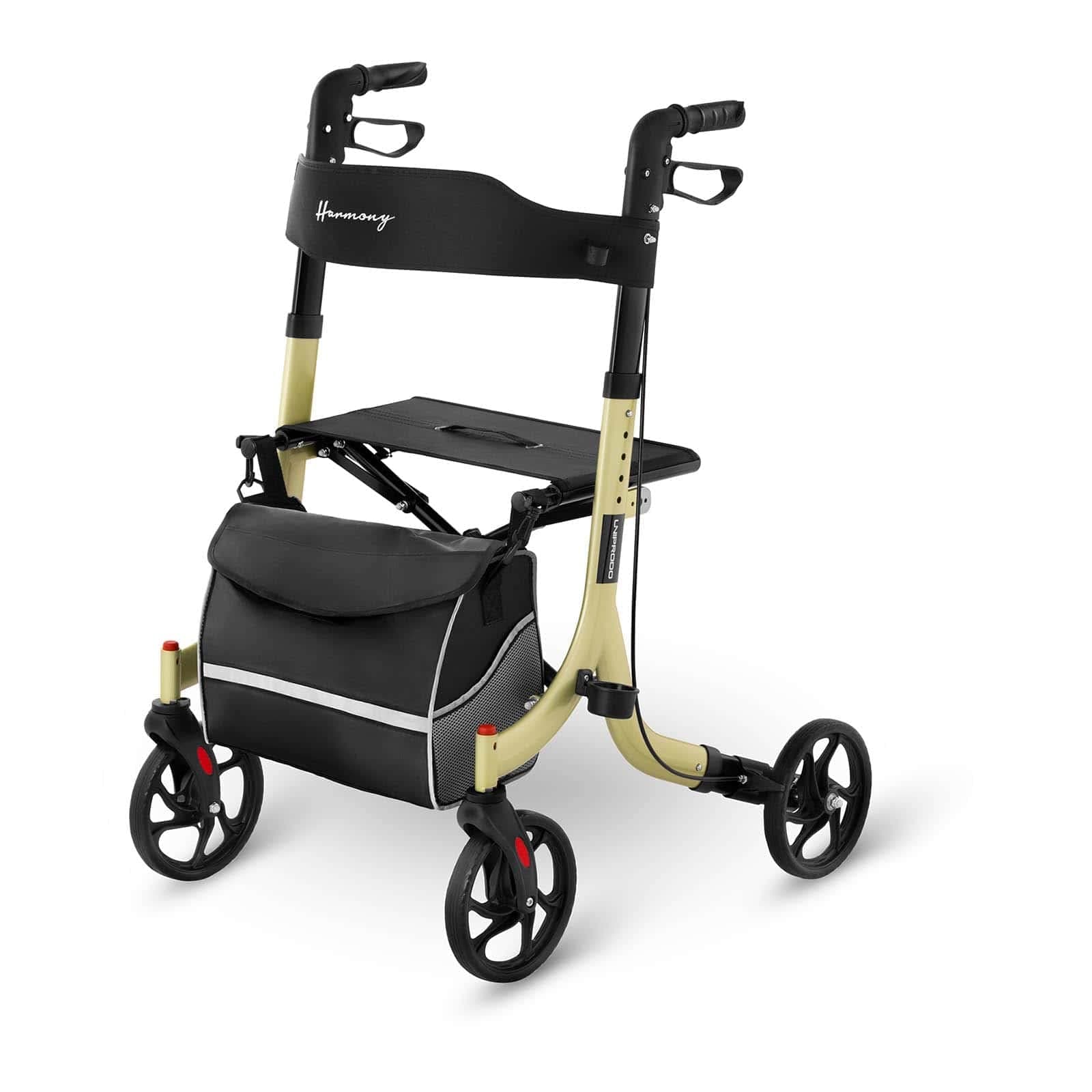 Folding Rollator Walker Rolling with Seat Wheels Stylish Mobility Walking Aid Bag Champagne 136kg UNI_ROLL_04 F (Aluminium Frame, Brakes, Backrest, 4 Wheels, 88-98cm Height)