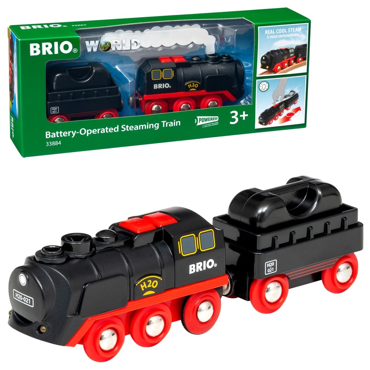BRIO World Battery-Operated Steaming Train - 3-Piece Motorized Train Engine for Wooden Track with Lights and Kid-Friendly Steam - Interactive Play with Forward/Reverse - for Kids 3 & Up