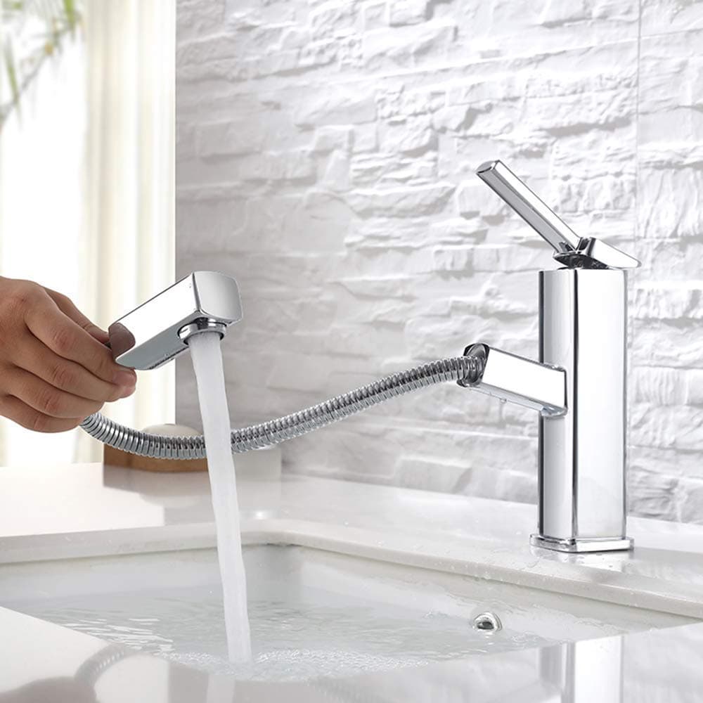 KAIYING Bathroom Sink Faucet with Pull Out Sprayer, Single Handle Basin Mixer Tap for Hot and Cold Water, Lavatory Pull Down Sink Faucet with Rotating Spout (Regular, Chrome)