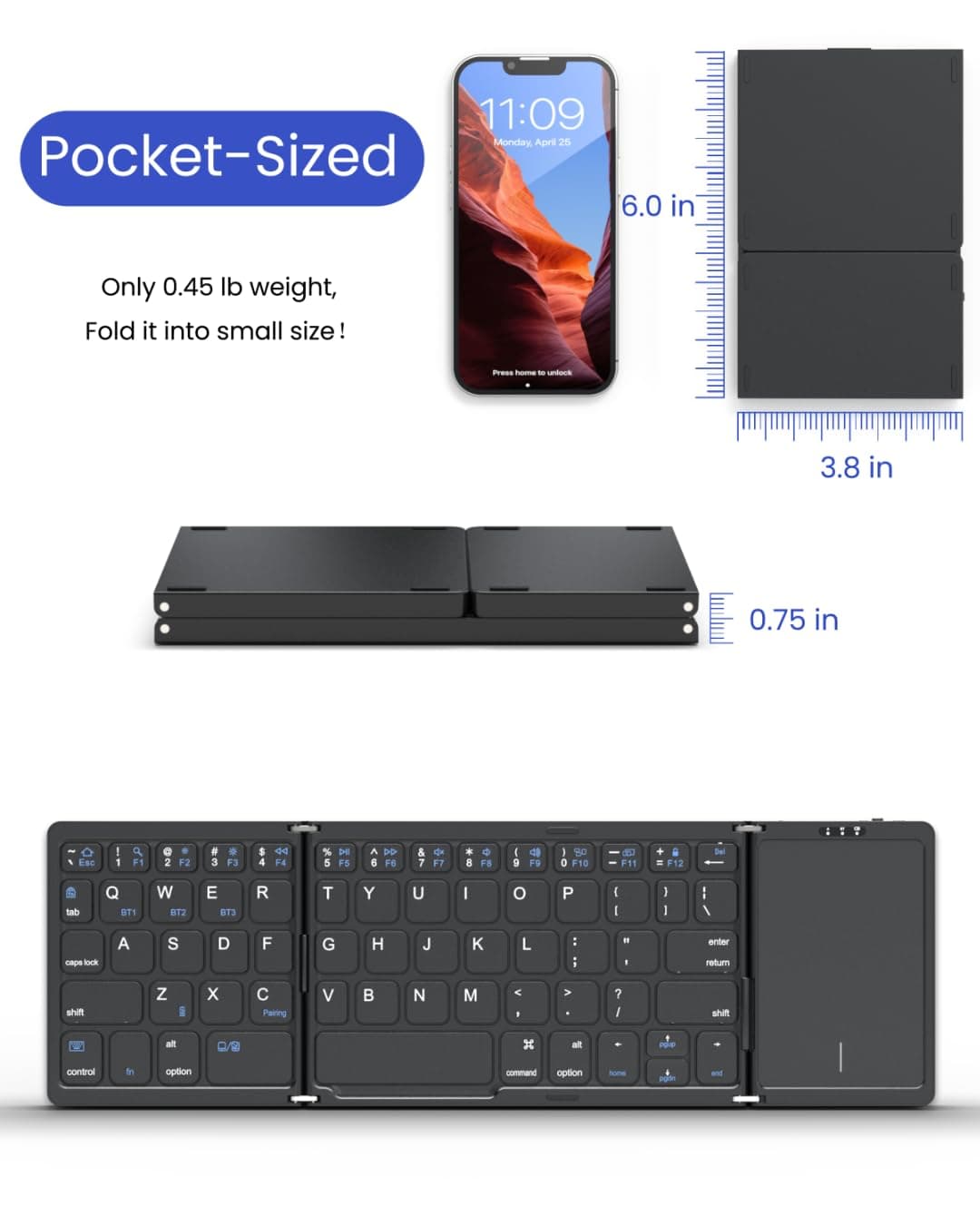 Artciety Foldable Bluetooth Keyboard, Folding Portable Wireless Keyboard with touchpad,Travel Pocket Keyboard for iOS Android Windows Mac Smartphone Tablet & Laptop, Sync Up to 3 Devices, Black