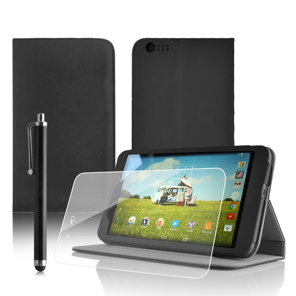 Casezilla Tesco Hudl 2 8.3 inch (2014 Version) Multi-Function Black Leather Case / Typing & Viewing Stand / Flip Case & Screen Protector & Stylus