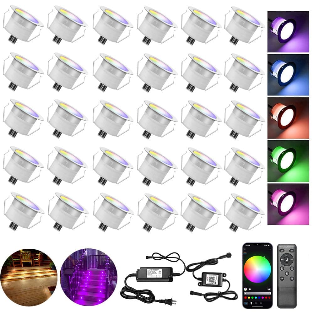 Low Voltage LED Deck Lights, 30 Pack 1.22" Smart WiFi RGBW 3000K Recessed Step & Stair Lighting Kit, IP67 Waterproof Outdoor for Deck, Walkway & Landscape, Compatible with Alexa & Google Assistant