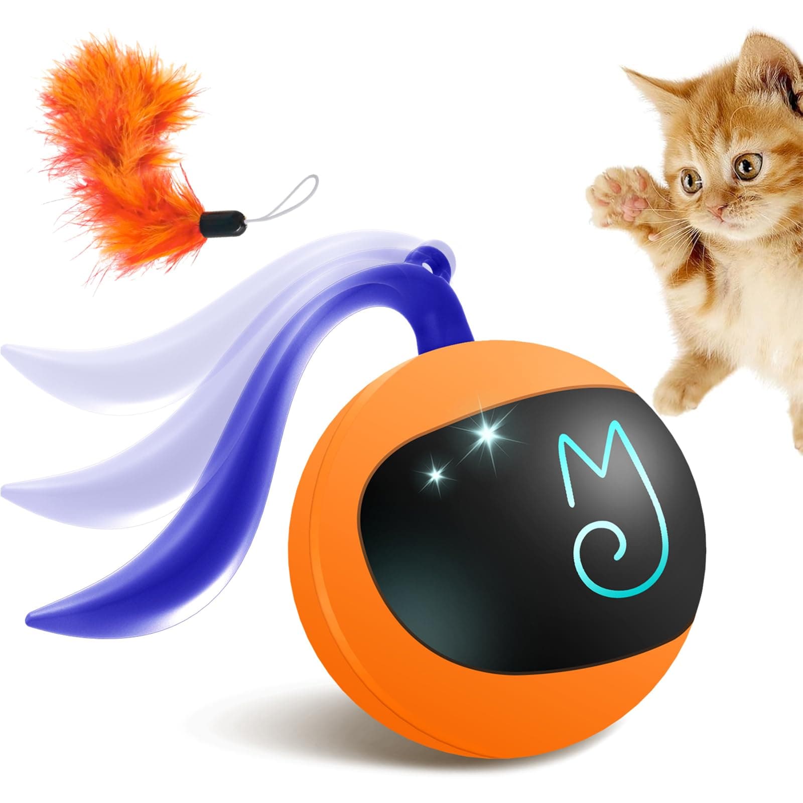 Migipaws Interactive Cat Ball Toy Set, Fun Tracker, Automatic Rolling Chase Ball with Fluffy Tail, A Small Mice, Rechargeable (Orange)