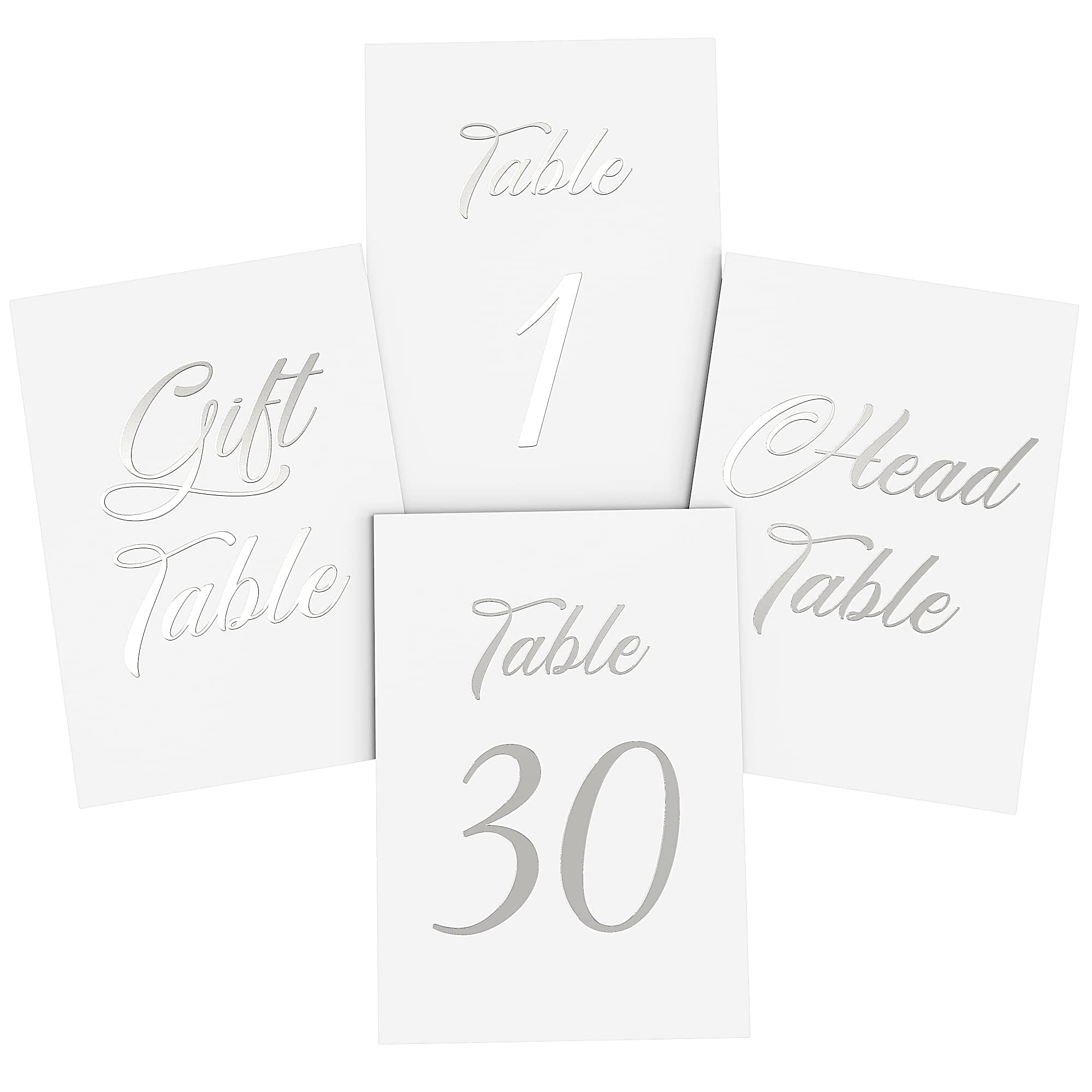 32 Silver Wedding Table Numbers 1-30 - 4x6 Table Numbers for Wedding Reception - Cardstock Embossed Table Number Cards with Head & Gift Table - White and Silver Table Numbers for Parties & Events