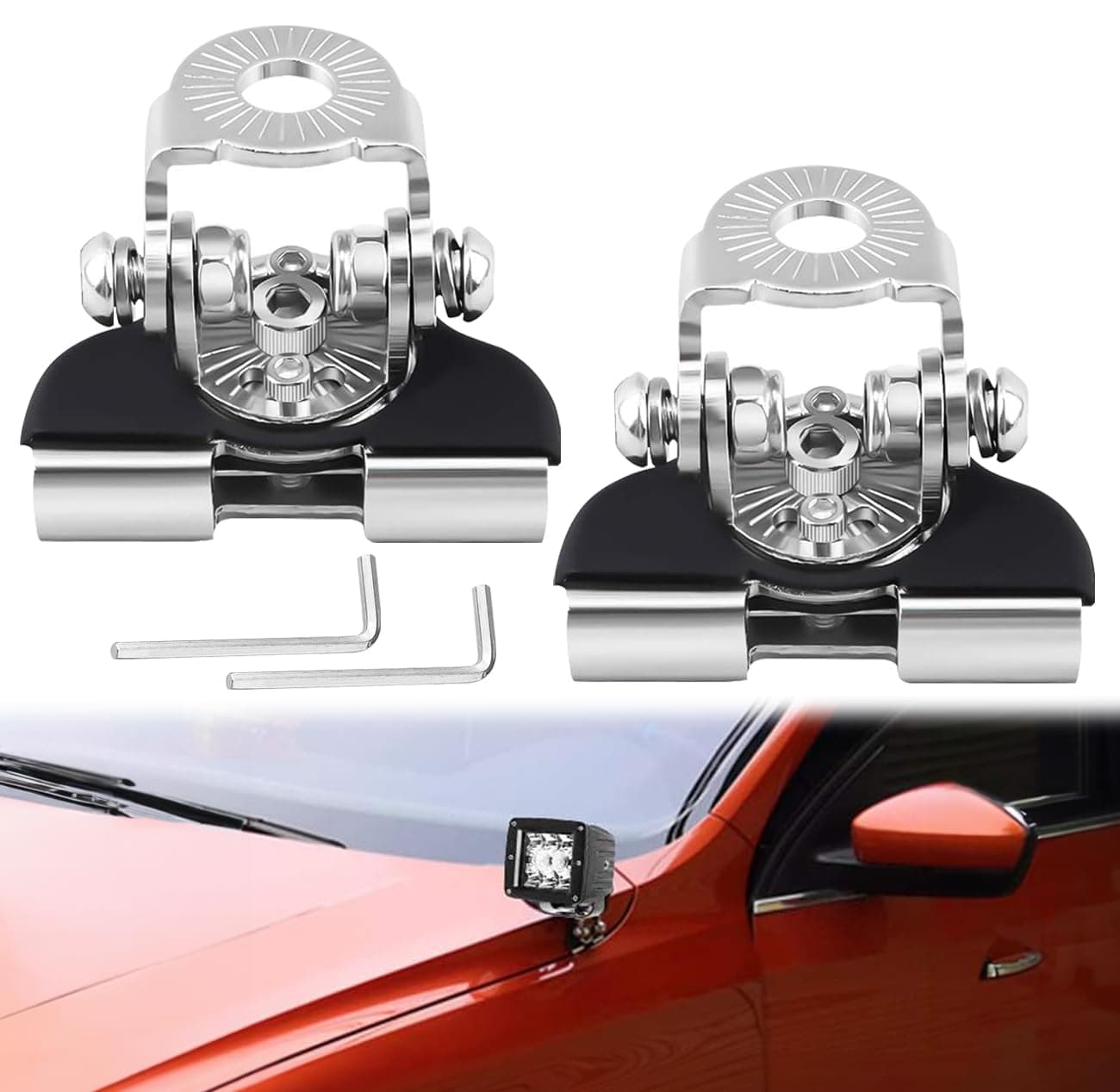 Universal LED Light Bar Mounting Brackets, Hood Mount Brackets A Pillar Hood Clamp Work Light Holder 304 Stainless Steel for Off Road Car Jeep Truck SUV 2PCS