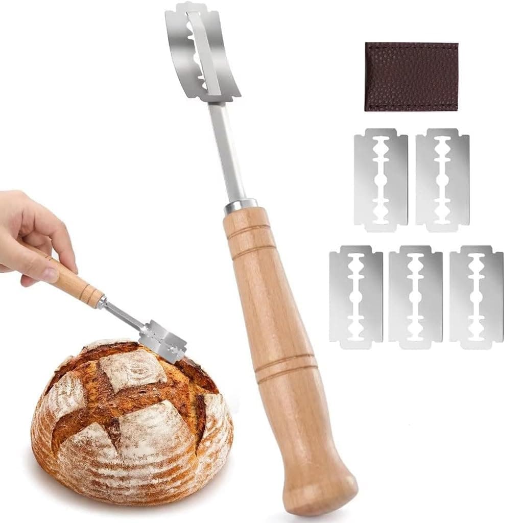 Bread Lame with 5 Pieces Replaceable Blades, Stainless Steel Bread Knife with Wooden Handle, Professional Baking Kitchen Bread Lame for Bread Baking, Sourdough, Country Bread