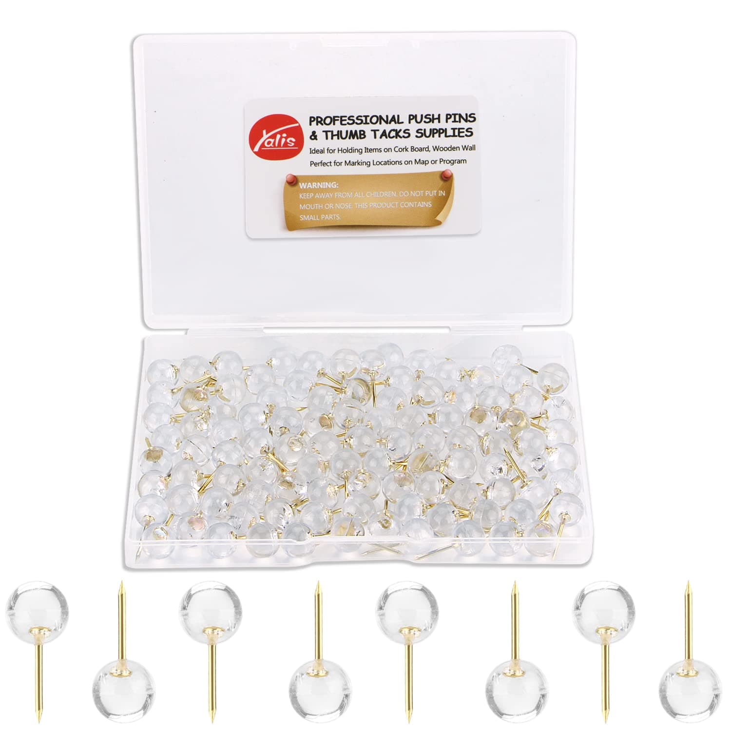 Push Pins 1/3 Inch Gold Map Tacks 100-Count Large Size Pins Golden Steel Point and Transparent Plastic Round Head (Gold)