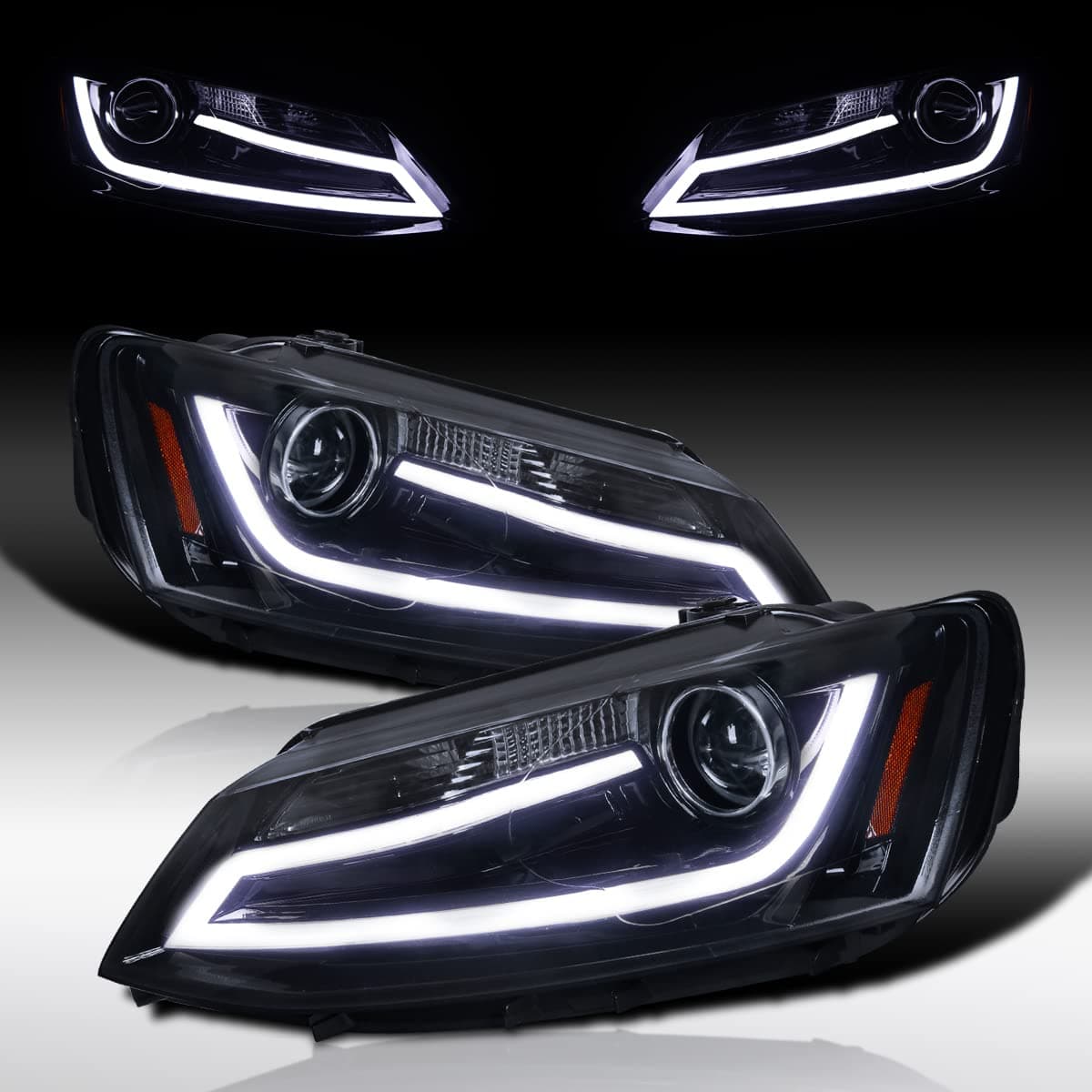 Autozensation Compatible with 2011-2018 VW Jetta, Left + Right Pair Headlamps Assembly, LED Glossy Black Smoke Projector Headlights w/LED Light Bar