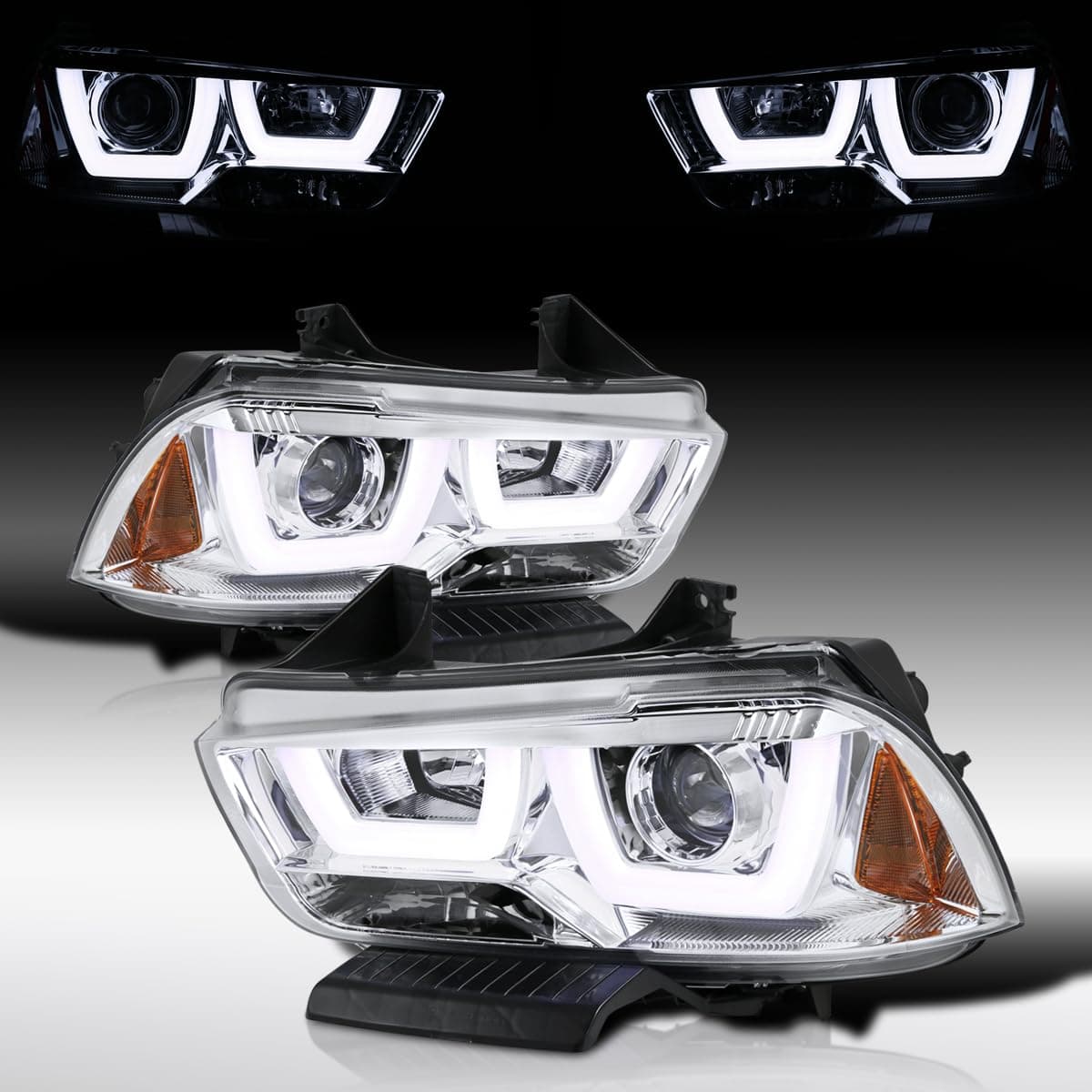 Autozensation Compatible with 2011-2014 Dodge Charger, Left + Right Pair Headlamps Assembly, Dual Halo LED Chrome Projector Headlights