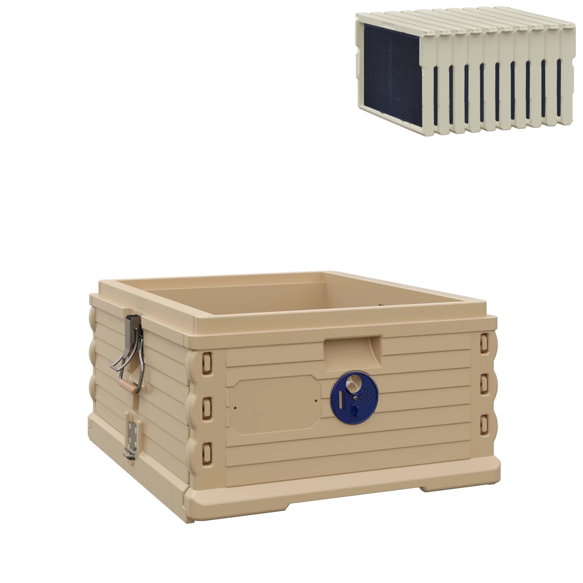 Insulated Deep Super with 10 Plastic CORE Frames with Premier Doble waxes Foundation Standard 10 frame Langstroth sized super for bee hives (Tan Body Blue Entrance)