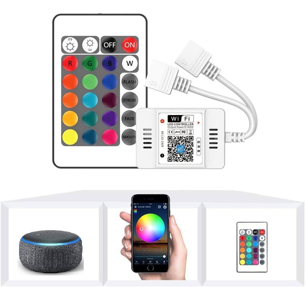 Nexlux Smart WiFi LED Strip Light Controller, 2 in 1 DC12-24V 144W 6A with Remote, Works with RGB LED Strip Light, Compatible with Alexa Google Home