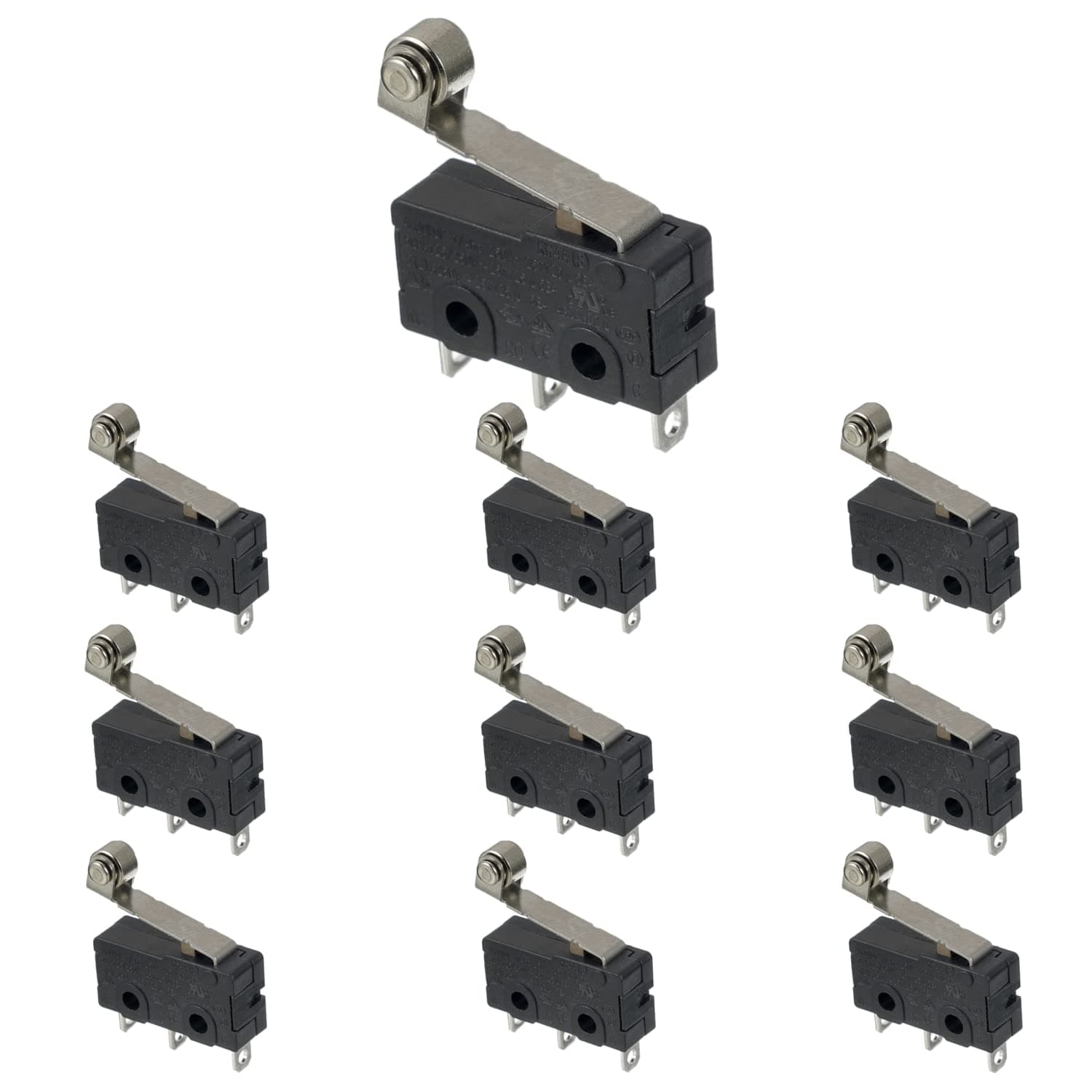 BOJACK Micro Limit Switch with Momentary Roller Lever Arm SPDT 1NO 1NC 3 Pins 5A 125 250VAC (Pack of 10)