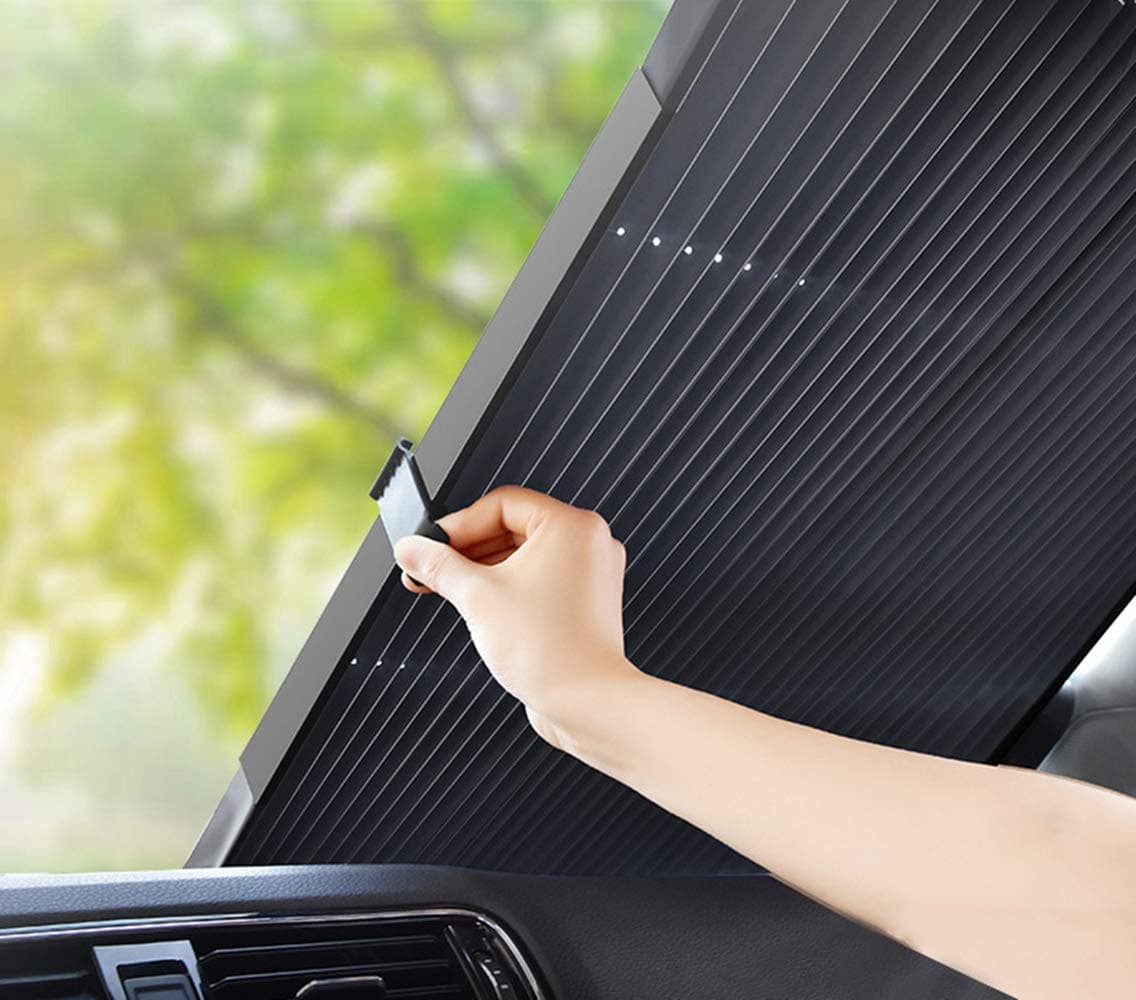 Car Windshield Sun Shade, Retractable Sun Shade for car windowshield, Easy to Install and Use, Universal Car Sun Shades Keep Your Vehicle Cool (Black, 60CM)