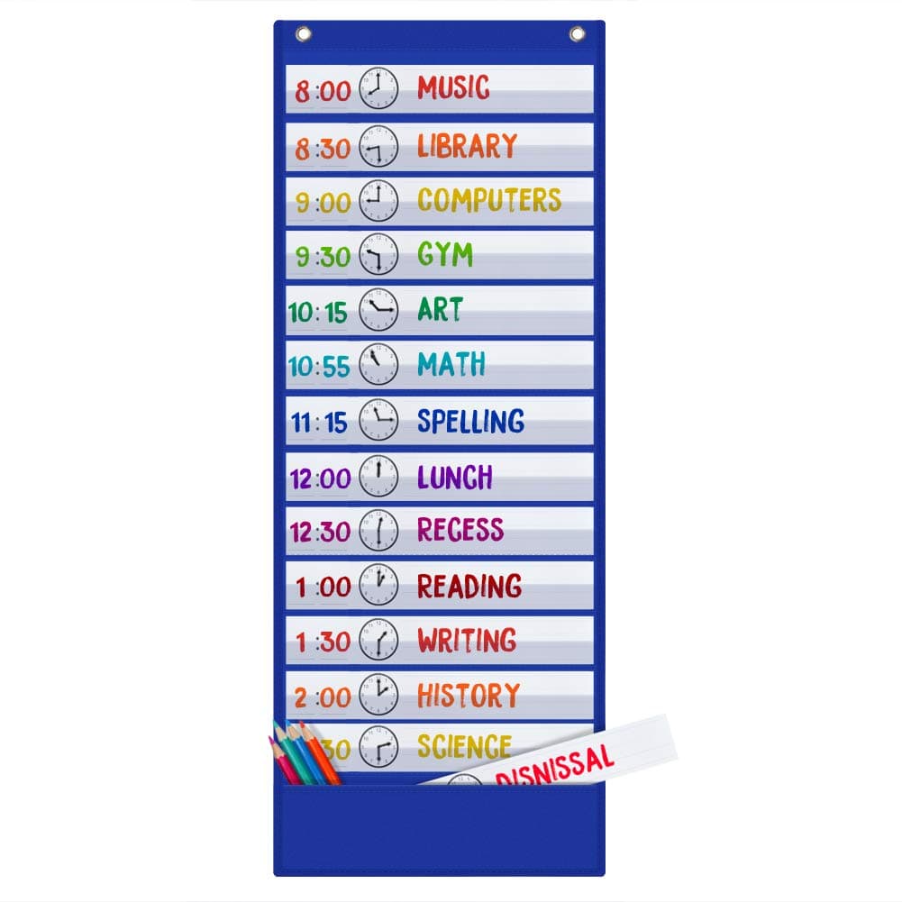 Godery Scheduling Pocket Chart, 13+1 Pockert, Daily Class Schedule Pocket Chart with 18 Dry-Eraser Cards, Ideal for Classroom Office School Home Used, Over-door Mount (Blue)