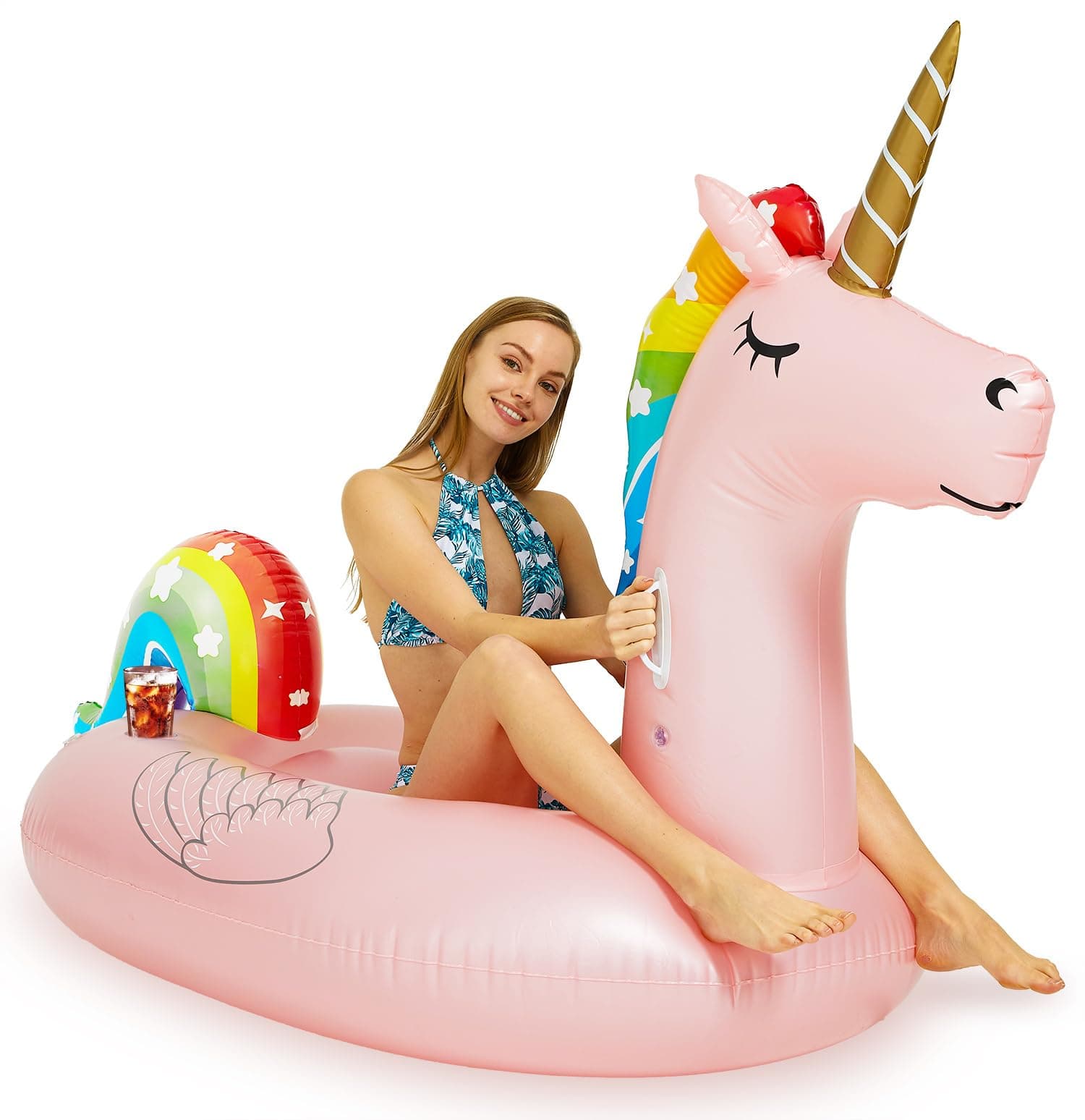 Inflatable Pink Unicorn Pool Float with Cup Holder, Large Water Pool Toys for Adults and Family, Swimming Pool Floats for Party Fun