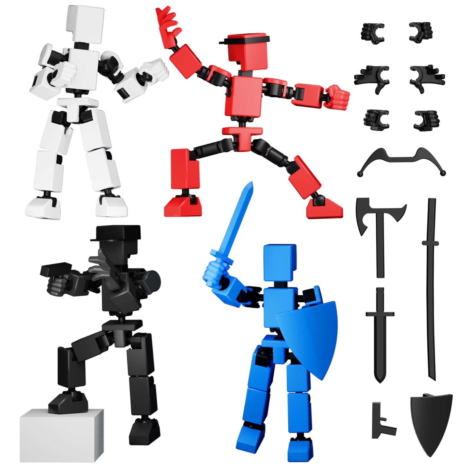 4PCS Mini Titan T-13 Action Figures Set, Assembly Completed Luck Dummy Robot 13 Action Figure Toys for Boys Stick Figures with Multi Joints Movable Fidget Gifts for Kids(Black+White+Blue+Red)