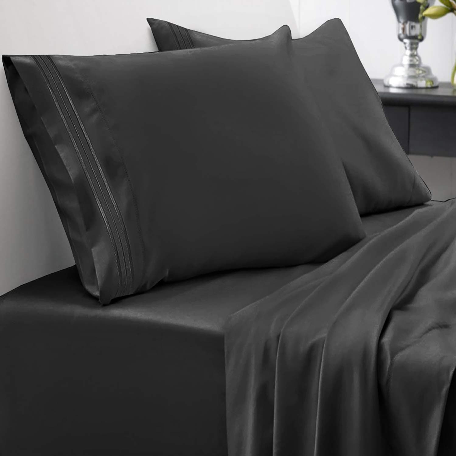 1800 Thread Count Sheet Set – Soft Egyptian Quality Brushed Microfiber Hypoallergenic Sheets – Luxury Bedding Set with Flat Sheet, Fitted Sheet, 2 Pillow Cases, Queen, Black