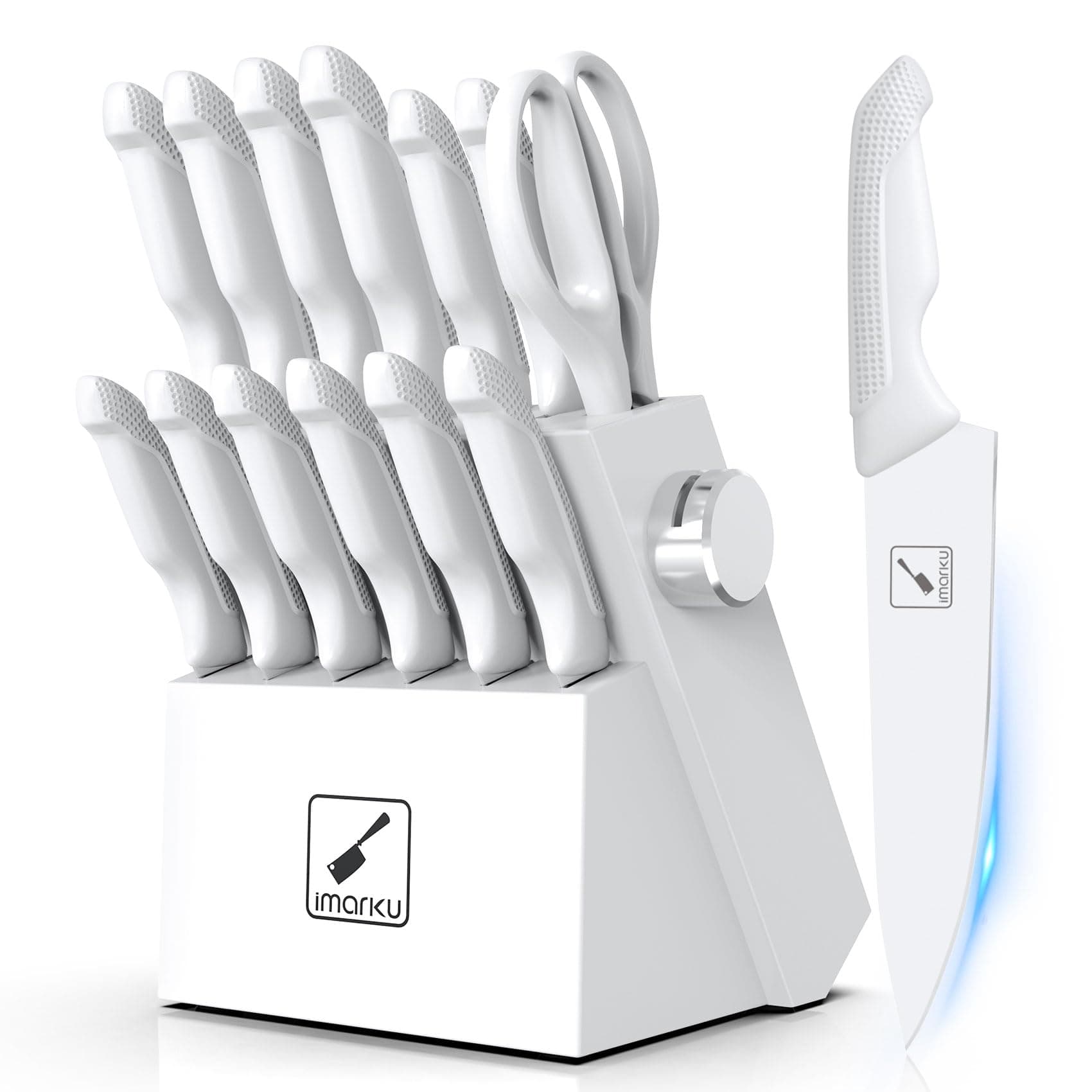 imarku Knife Set White, Sharp Knife Set with Block and Sharpener, Stainless Steel Kitchen Knife Set with Non-Slip Ergonomic Handle, Dishwasher Safe, Best Christmas Gifts for Mom Dad Men Women, 14pcs