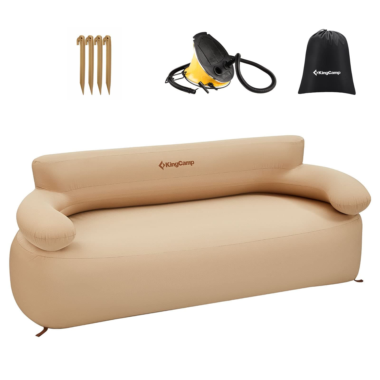 KingCamp Double Inflatable Couch for Camping, Portable Foldable Eco-Friendly Reach-Certified PVC Liner Air Lounger 2-Person Blow Up Sofa with Foot Pump, Pegs, Repair Kit & Removable Cover