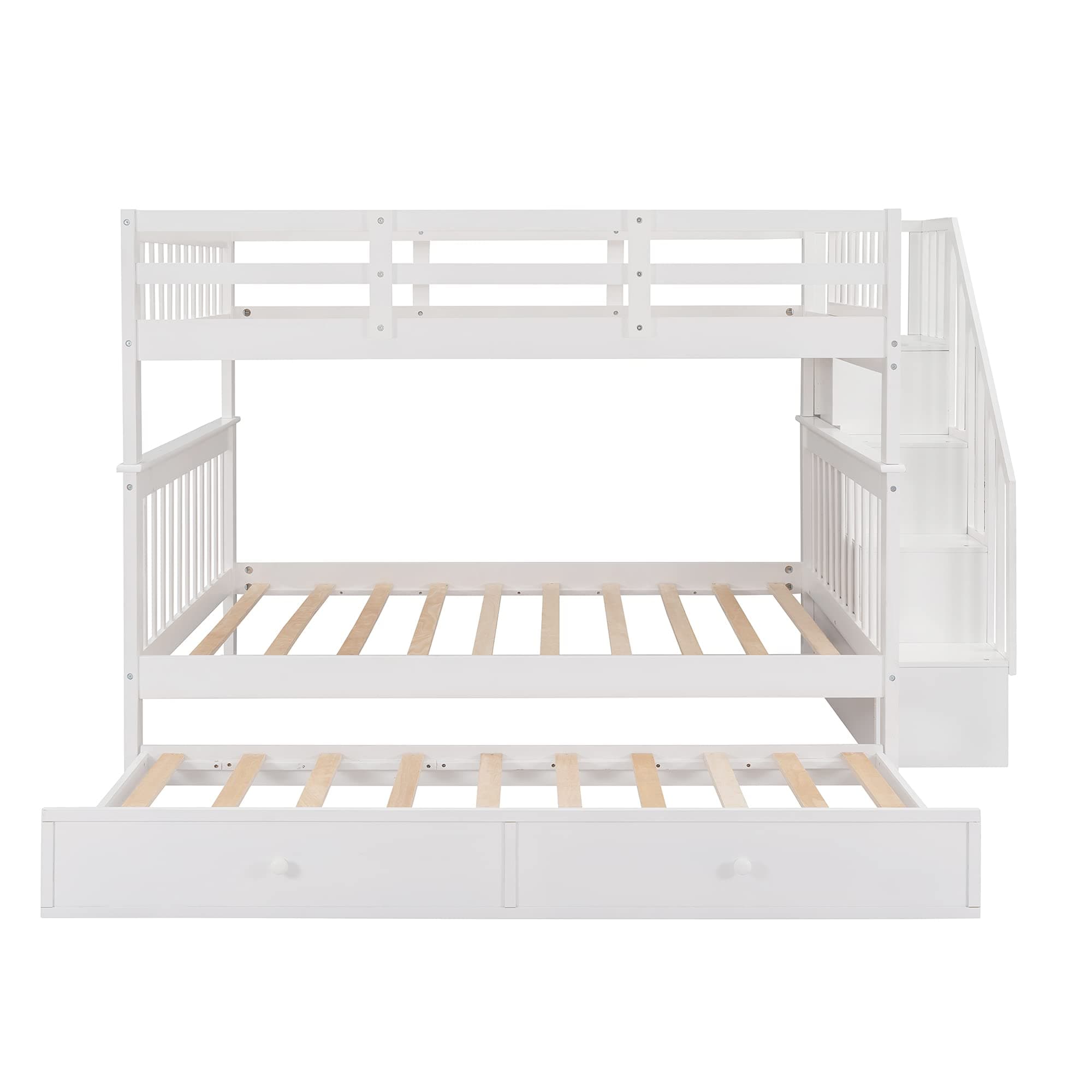 Harper & Bright Designs Full Over Full Bunk Bed Frame with Trundle and Stairs, Solid Wood Bunk Bed with Storage, for Kids Teens Adults - White