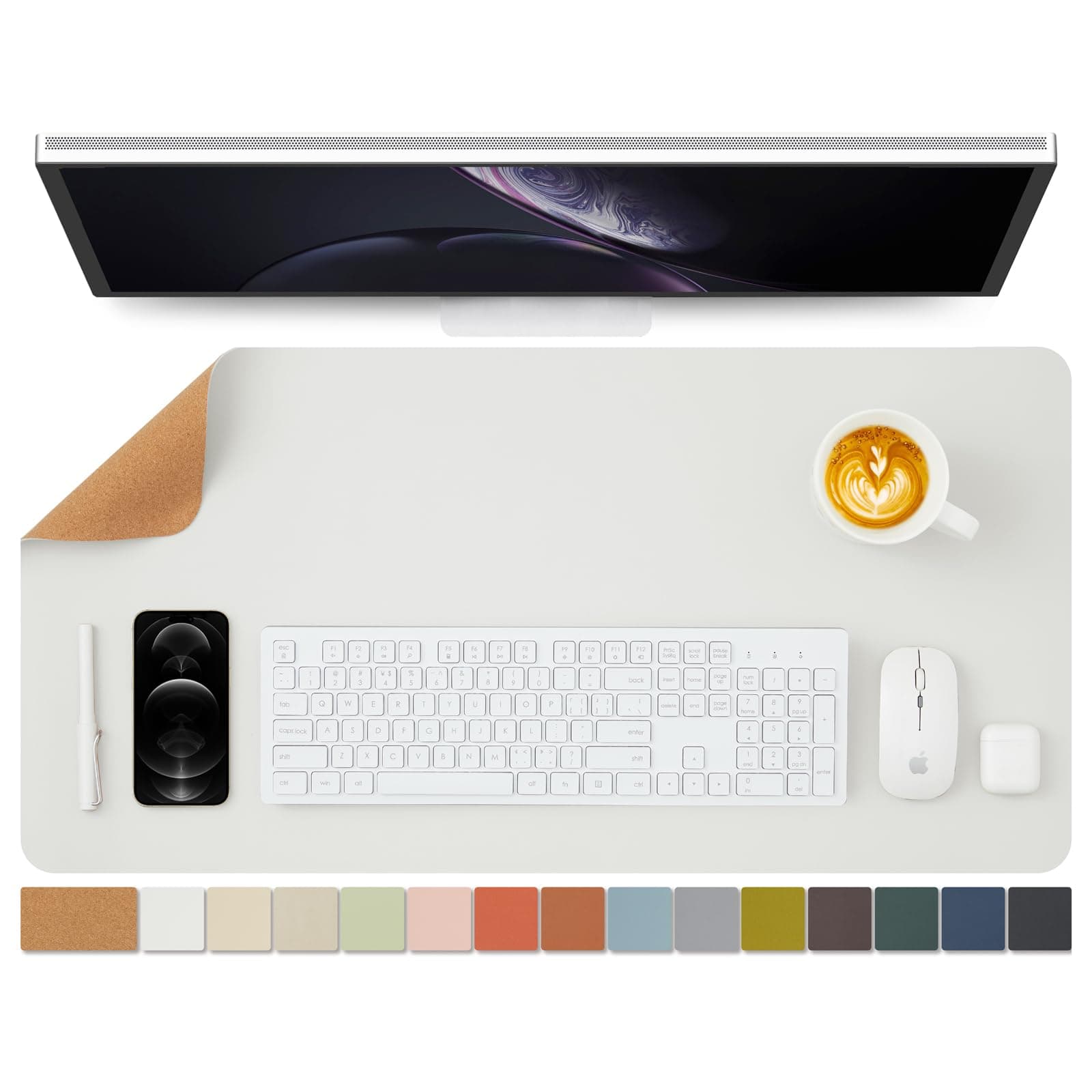 Cork Desk Mat, 35" x 16", Double-Sided, Bendable Multifunctional Domestic Desk Mat, (Mouse pad, Laptop mat, Bar mat, Coffee Table Mat) (White)