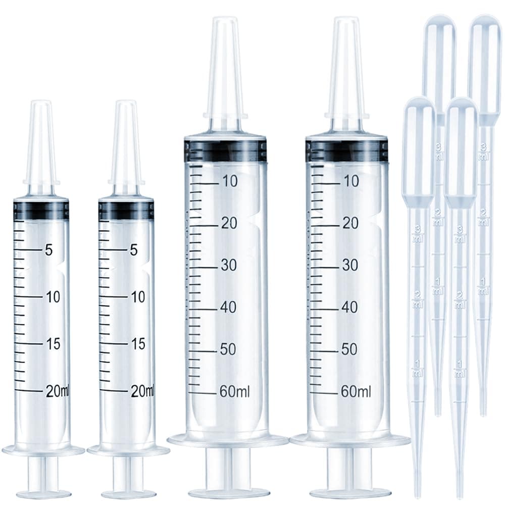 THINKPRICE 4 Pack Large Syringes for Liquid, 20ml & 60ml Plastic Syringe for Measuring, Lip Gloss TKP Lipgloss Base Flavoring Oil Food Oral Medicine Injection Feeding- with Tip Cap and Pipettes