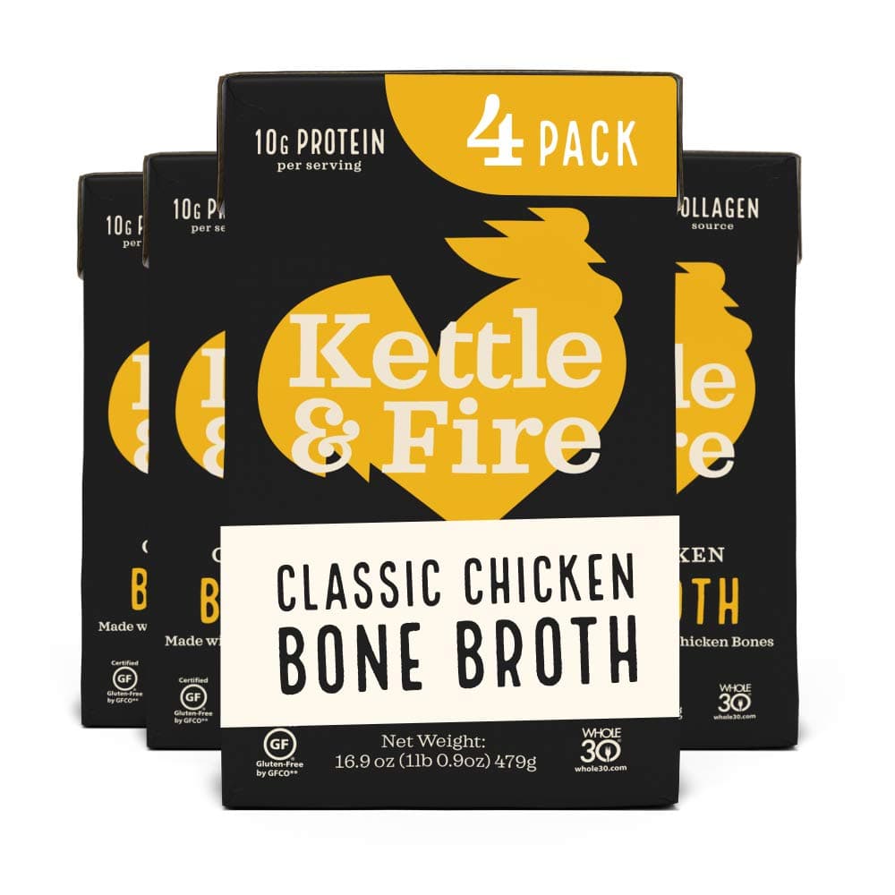 Kettle & Fire Chicken Bone Broth Soup by and Pack of 4, Keto Diet, Paleo Friendly, Whole 30 Approved, Gluten Free, with Collagen, 10g of protein,16.9 Oz (Pack of 4)