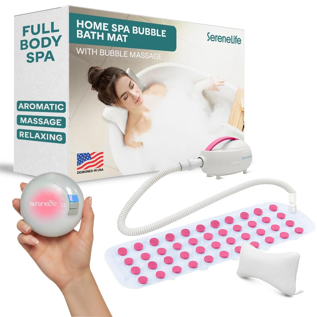 Bubble Bath Mat - Portable Spa Bubble Bath Massager with Waterproof Bath Light & Pillow, Adjustable Bubble Intensity, Easy Button Control, Remote Control (Pink)