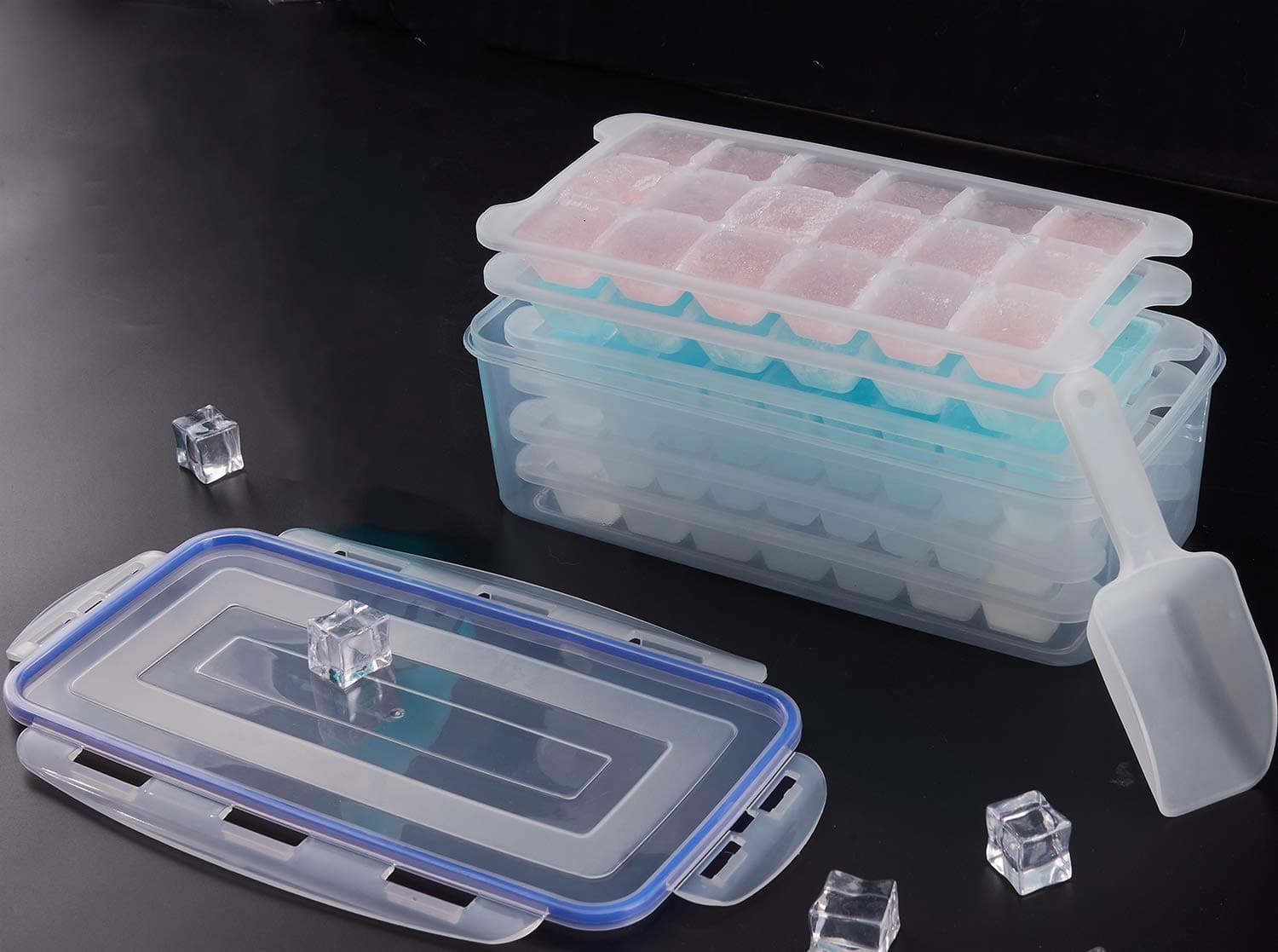 WELUV1Set-36 Cubes Ice Cube Tray with Lid Ice Cube Moulds Easy Release Ice Maker with Ice Storage Box +Ice Scoop BPA Free Safe for Freezer Baby Food Water Whiskey Fruit Cocktail Ice Mold