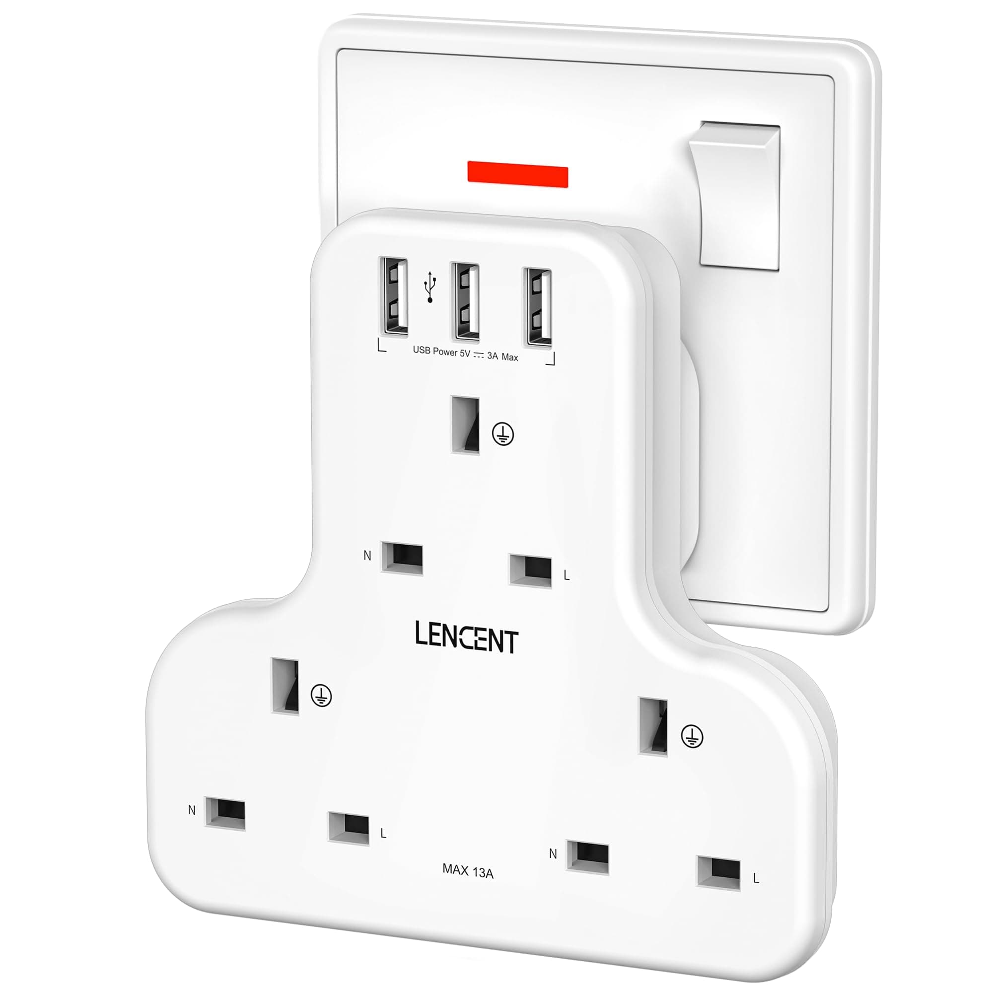 LENCENT 3 Way Plug Extension with 3 USB Ports, Wall Socket Power Extender Adaptor for Household Appliances,iPhone, Smartphone Tablets, Ideal for Home Office Bedroom, 13A 3250W
