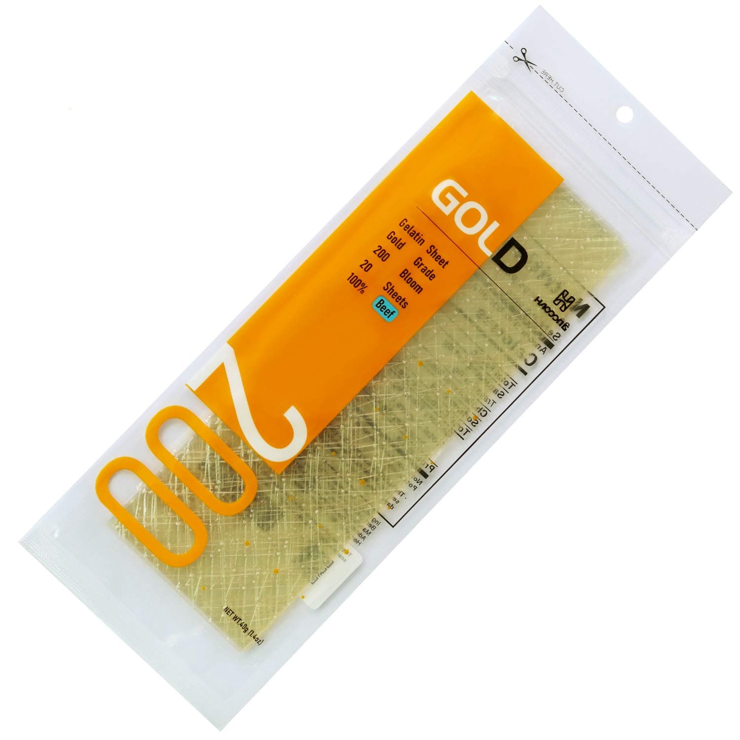 HAODONG Gold Gelatin Sheets - Beef Leaf Gelatin 200 Bloom (40g, 18-20Sheets) for Baking Desserts Mirror Glaze Mousse Cake