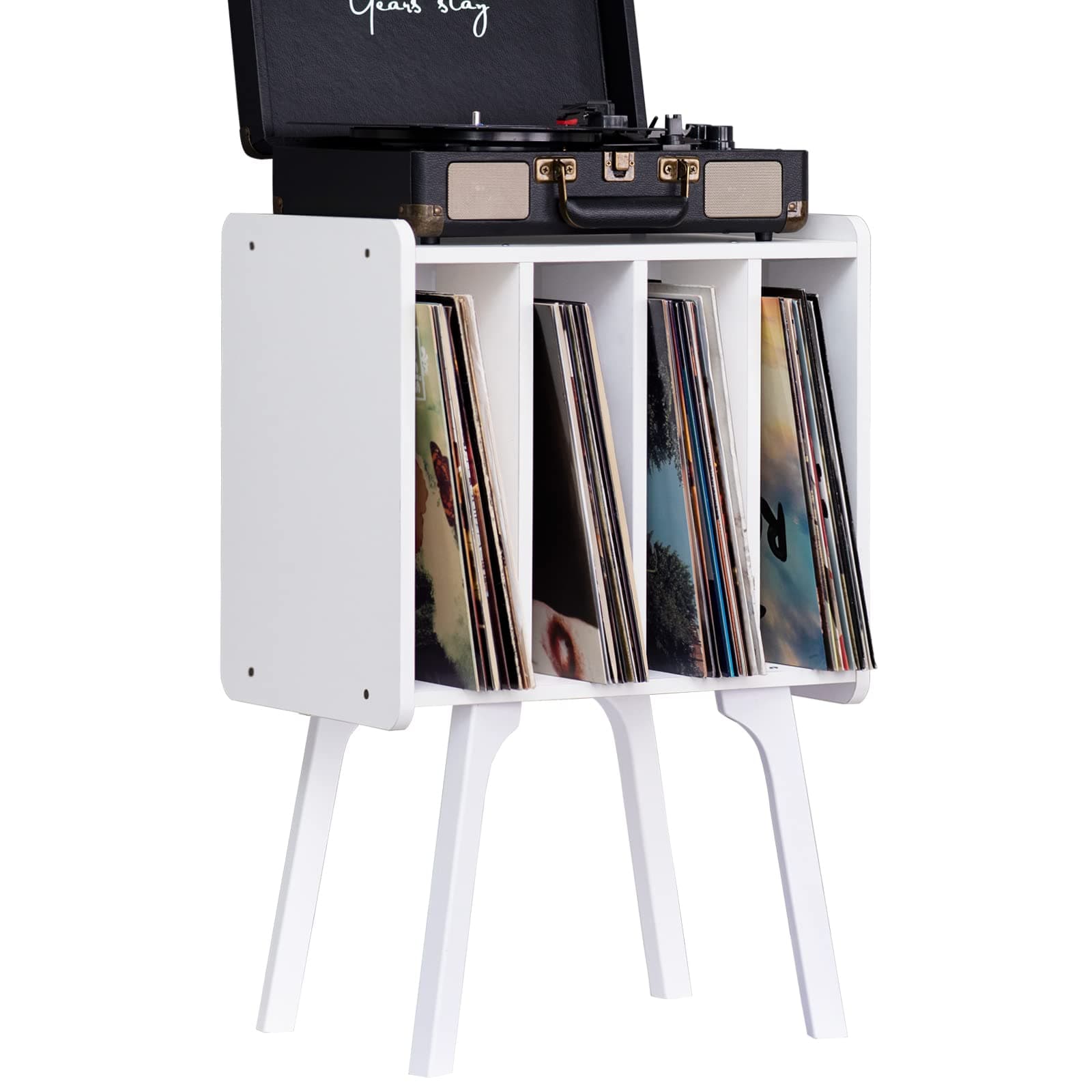 Small Record Player Stand - Width 11.7 In, White Vinyl Record Storage Table with 4 Cabinet Up to 80 Albums, Vinyl Holder with Wood Legs,Turntable Stand Display Shelf for Bedroom Living Room
