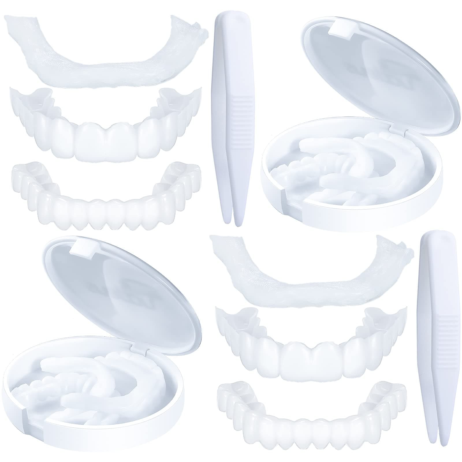 2 Set Fake Teeth Temporary Denture Teeth Veneer Snap in Teeth Confidence Smile Dentures Veneer Fake White Teeth with 2 Pieces Mini Tweezers for Halloween Men and Women Bad Teeth Whitening Alternative